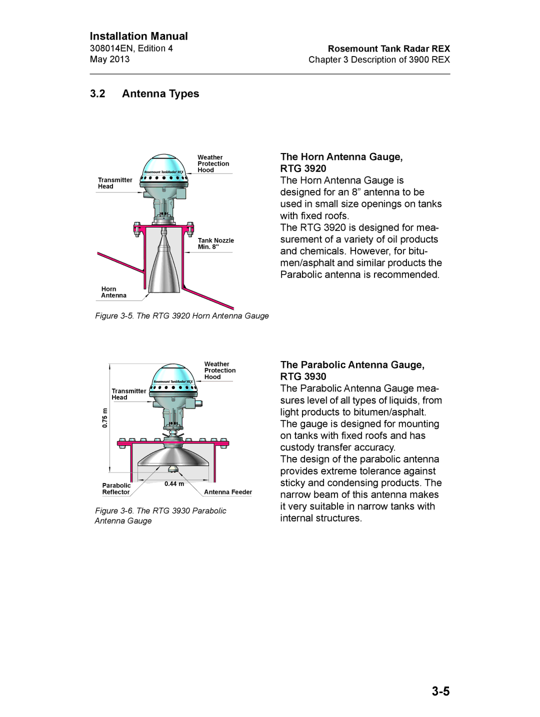 Emerson Edition 4, 308014EN installation manual Antenna Types, Horn Antenna Gauge, RTG, Parabolic Antenna Gauge, RTG 