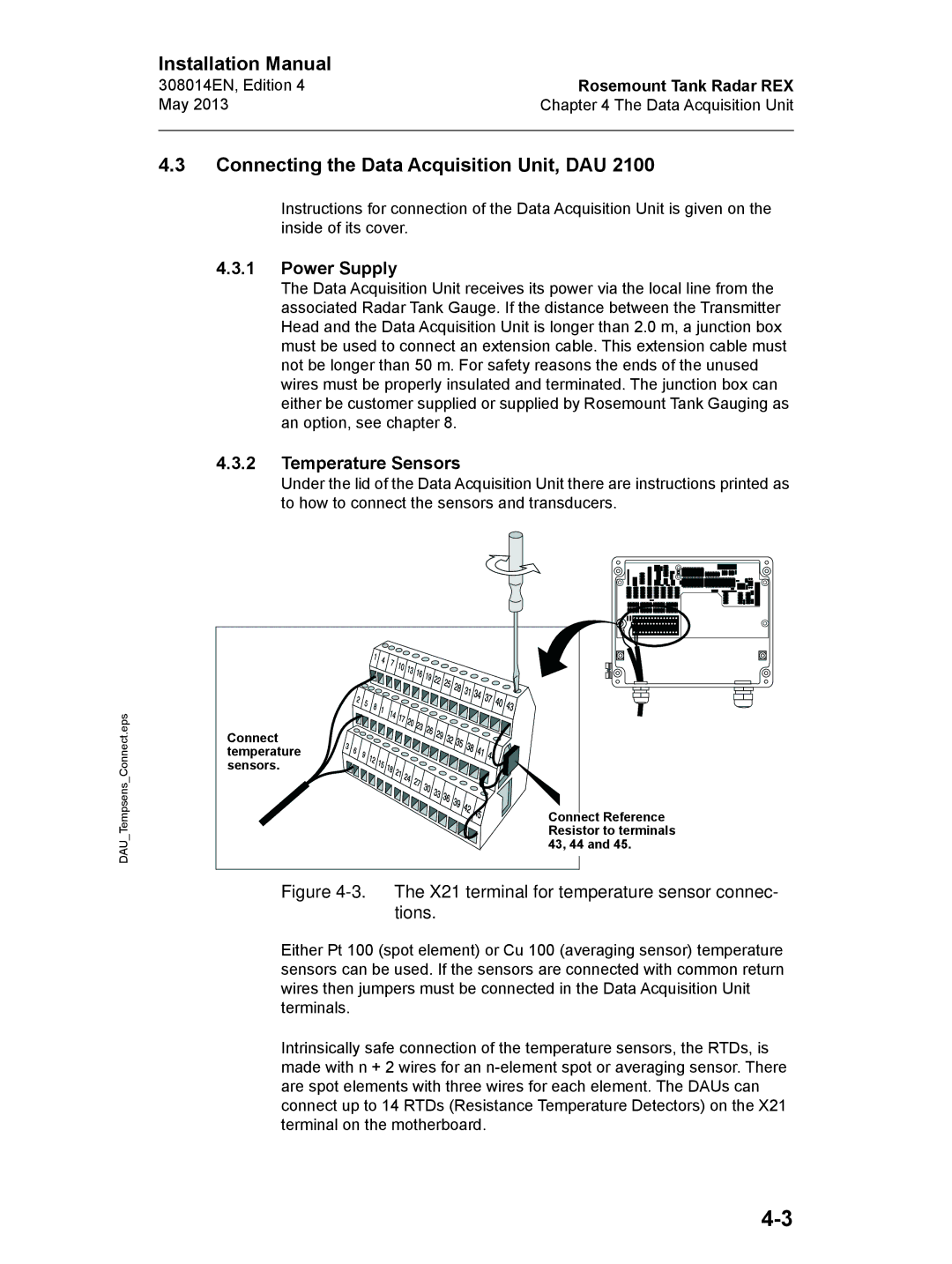 Emerson Edition 4, 308014EN installation manual Connecting the Data Acquisition Unit, DAU, Power Supply, Temperature Sensors 