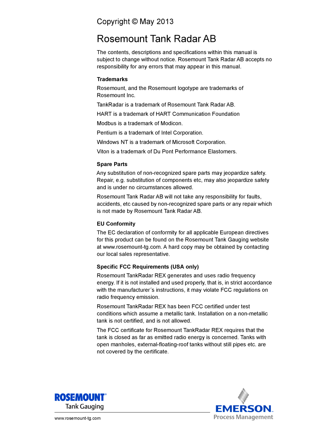 Emerson 308014EN, Edition 4 installation manual Rosemount Tank Radar AB 