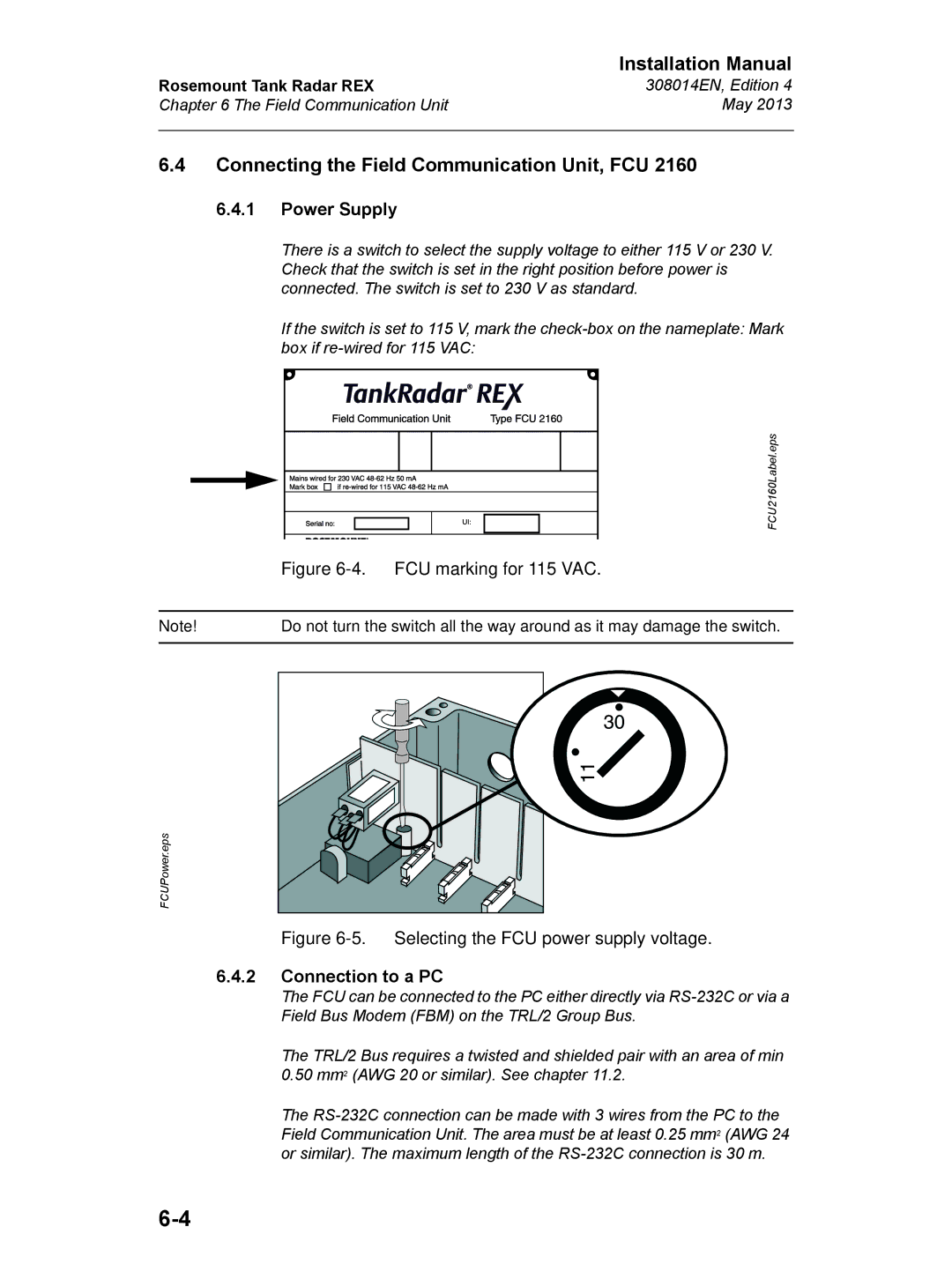 Emerson 308014EN, Edition 4 installation manual Connecting the Field Communication Unit, FCU, Connection to a PC 