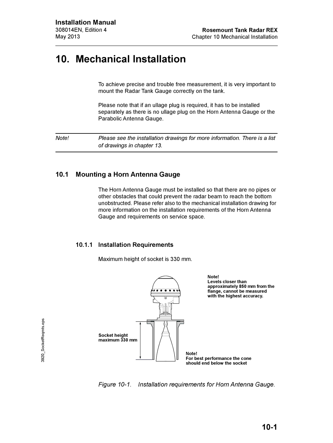 Emerson Edition 4, 308014EN Mechanical Installation, 10-1, Mounting a Horn Antenna Gauge, Installation Requirements 