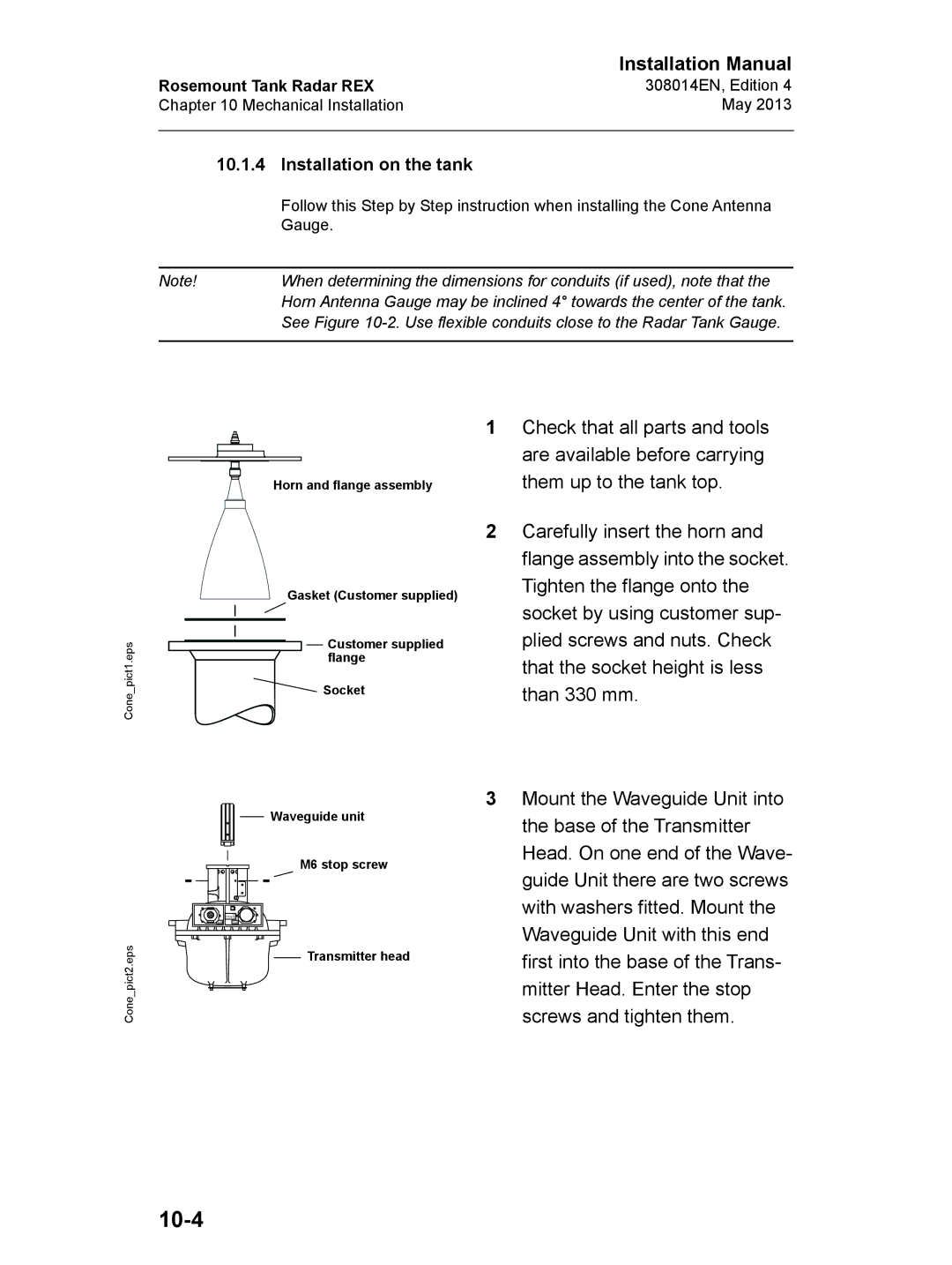 Emerson 308014EN, Edition 4 installation manual 10-4, Installation on the tank 