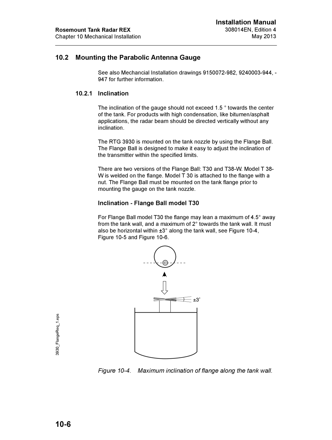 Emerson 308014EN, Edition 4 10-6, Mounting the Parabolic Antenna Gauge, Inclination Flange Ball model T30 