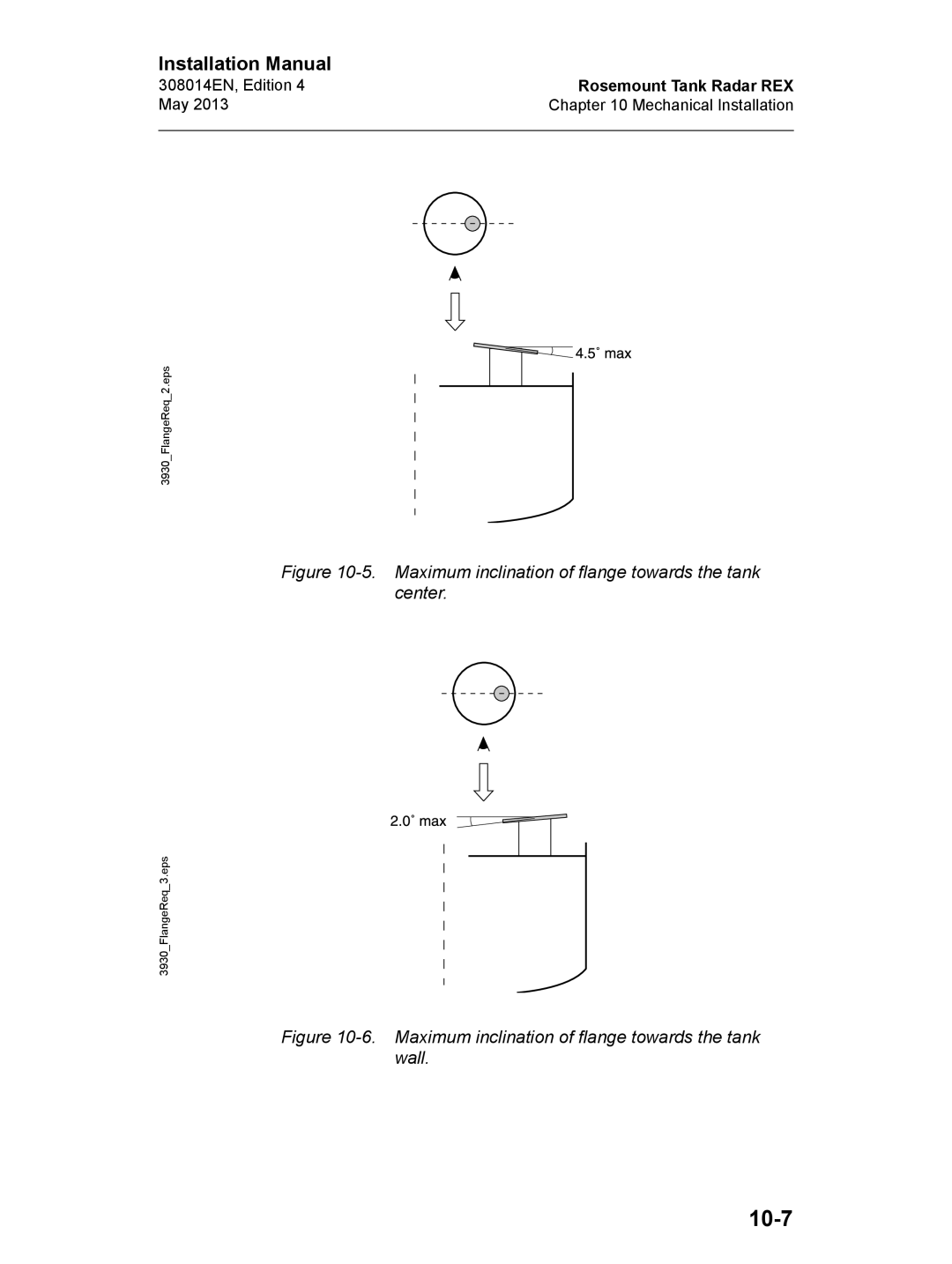 Emerson Edition 4, 308014EN installation manual 10-7, Maximum inclination of flange towards the tank center 