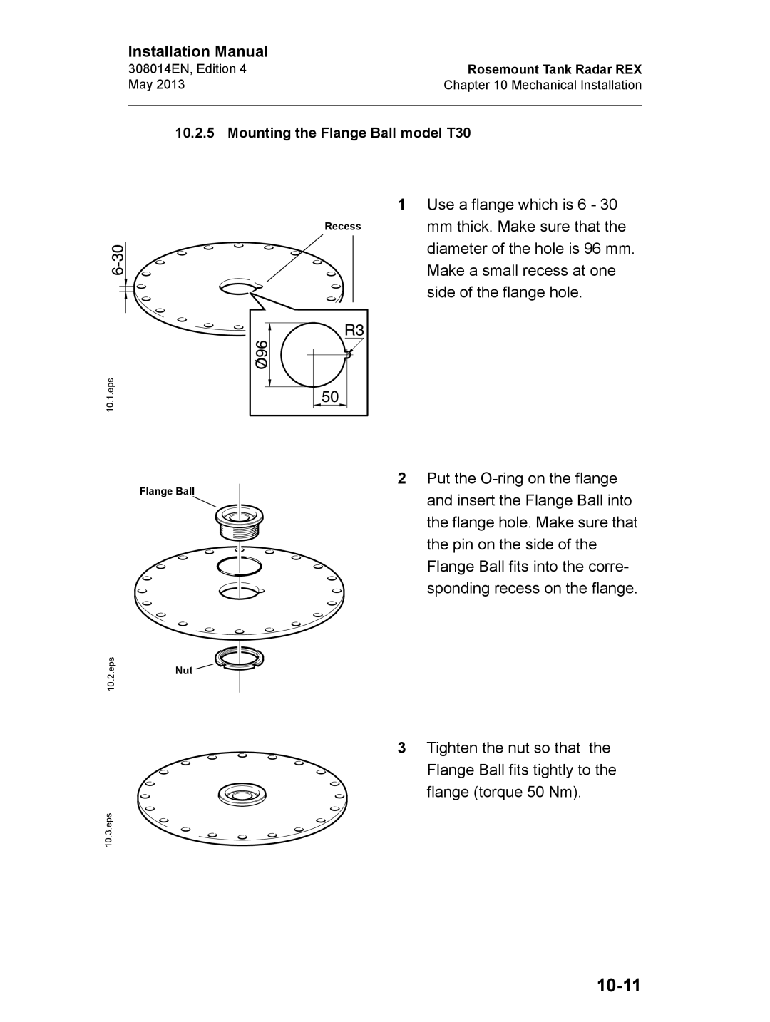 Emerson Edition 4, 308014EN installation manual 10-11, Mounting the Flange Ball model T30 