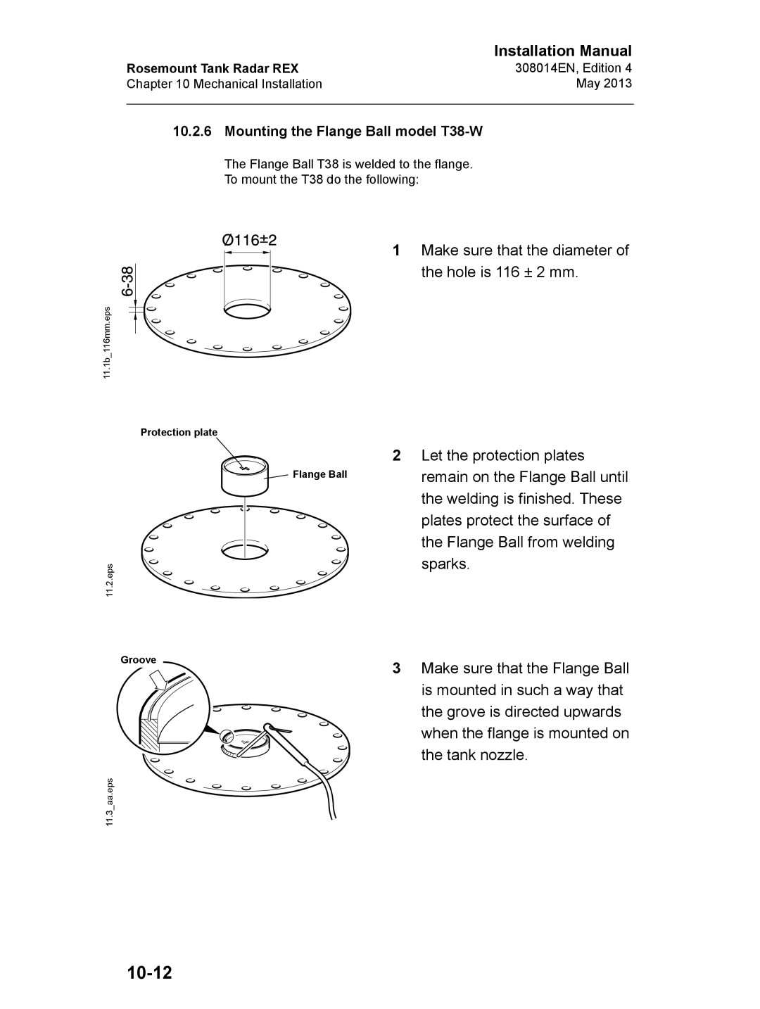 Emerson 308014EN, Edition 4 installation manual 10-12, Mounting the Flange Ball model T38-W 