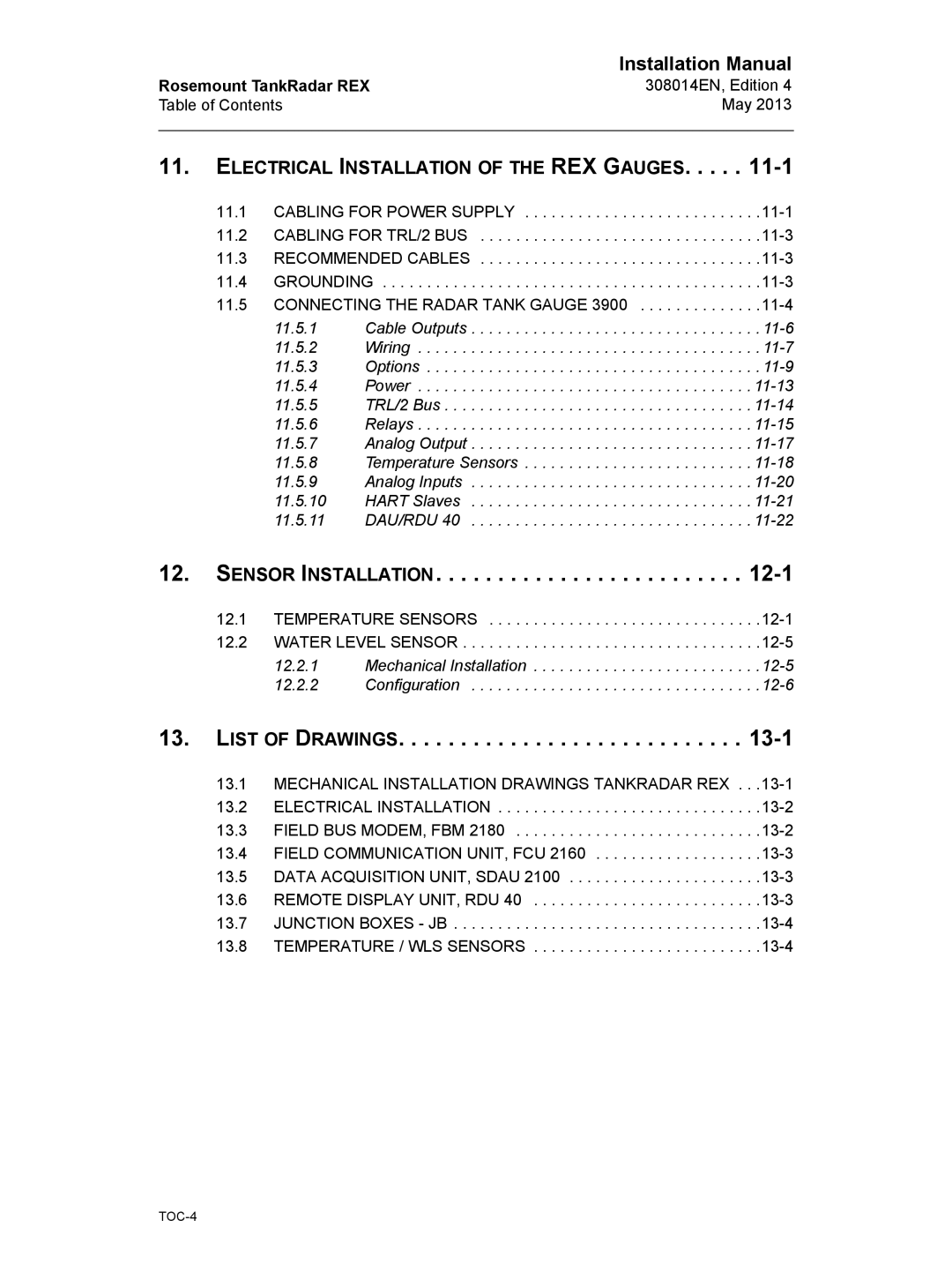 Emerson 308014EN, Edition 4 installation manual Sensor Installation, List of Drawings 