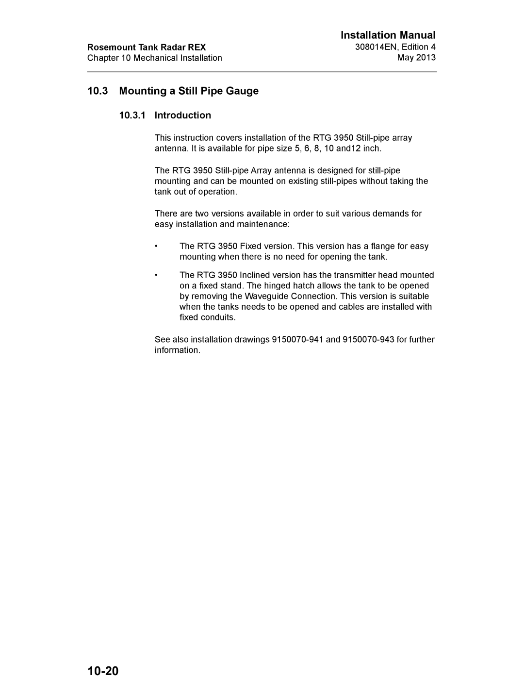 Emerson 308014EN, Edition 4 installation manual 10-20, Mounting a Still Pipe Gauge, Introduction 