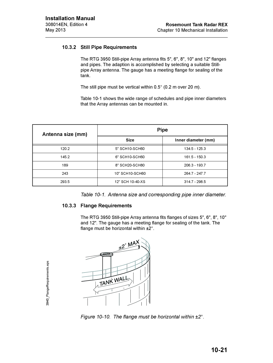 Emerson Edition 4, 308014EN installation manual 10-21, Still Pipe Requirements, Antenna size mm Pipe, Flange Requirements 