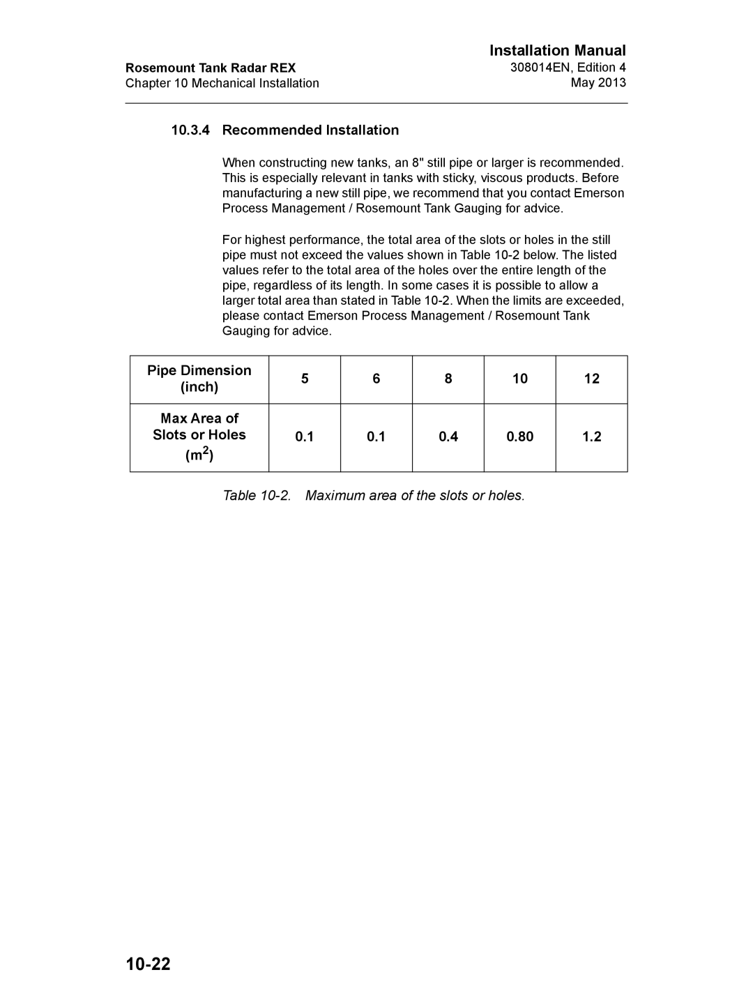 Emerson 308014EN, Edition 4 installation manual 10-22, Pipe Dimension Inch Max Area 