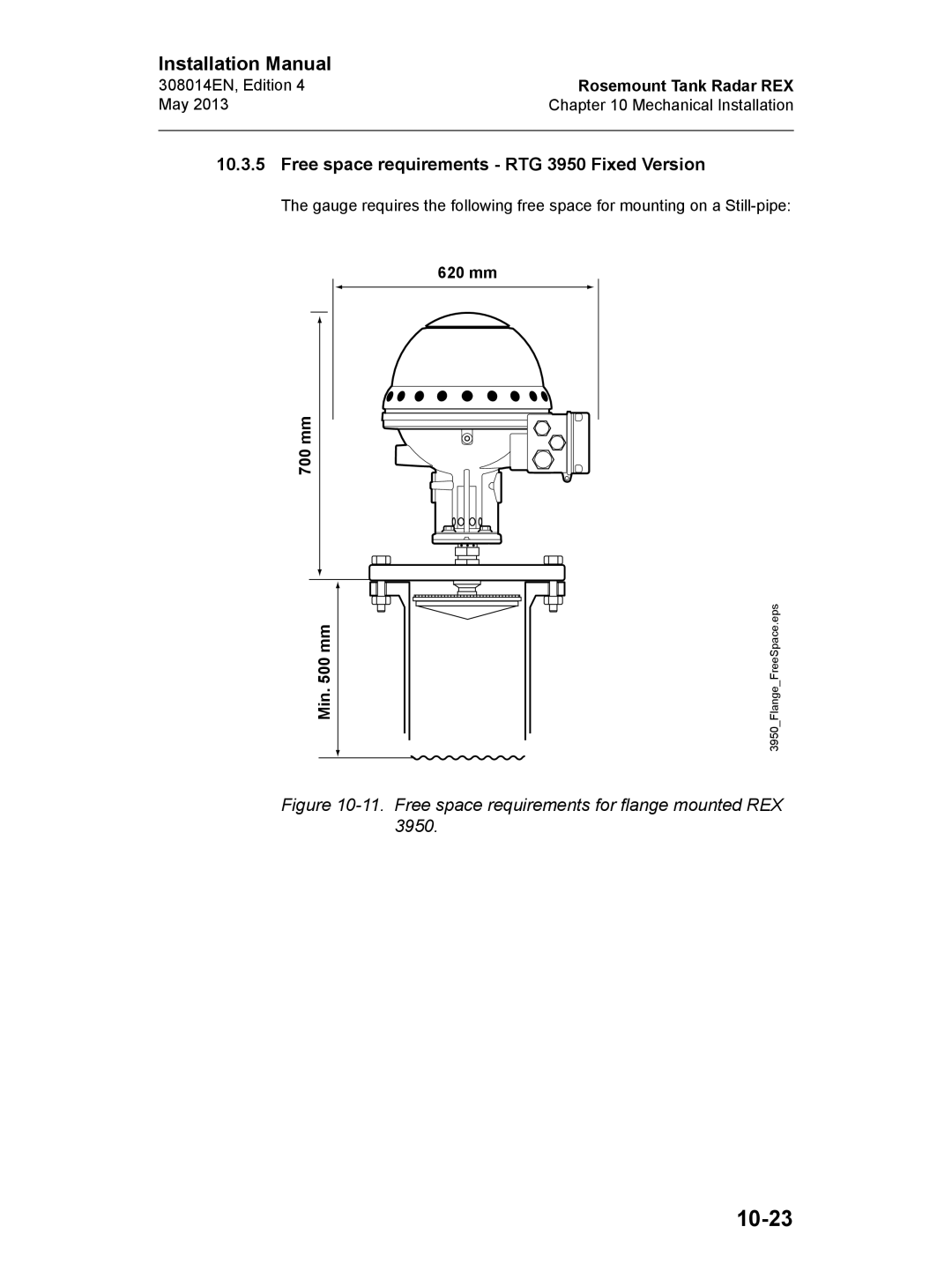 Emerson Edition 4, 308014EN installation manual 10-23, Free space requirements RTG 3950 Fixed Version 