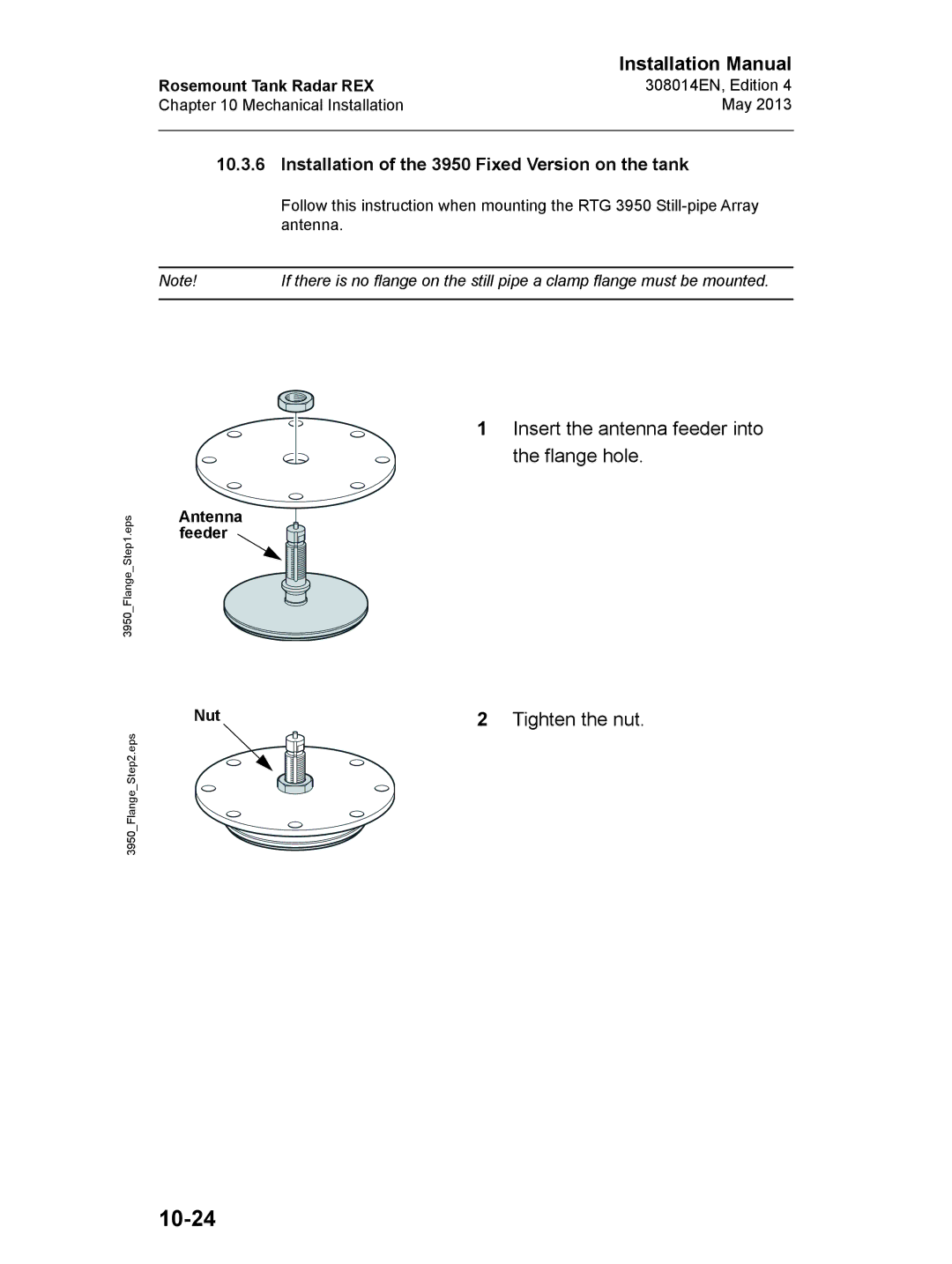 Emerson 308014EN, Edition 4 installation manual 10-24, Installation of the 3950 Fixed Version on the tank 