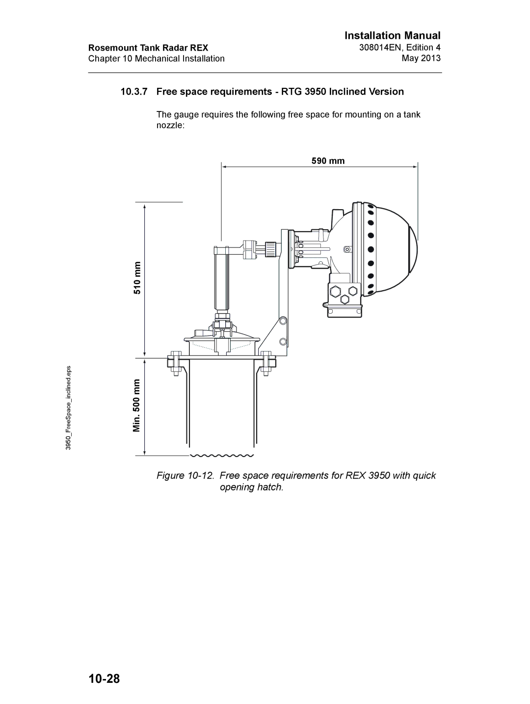 Emerson 308014EN, Edition 4 installation manual 10-28, Free space requirements RTG 3950 Inclined Version 