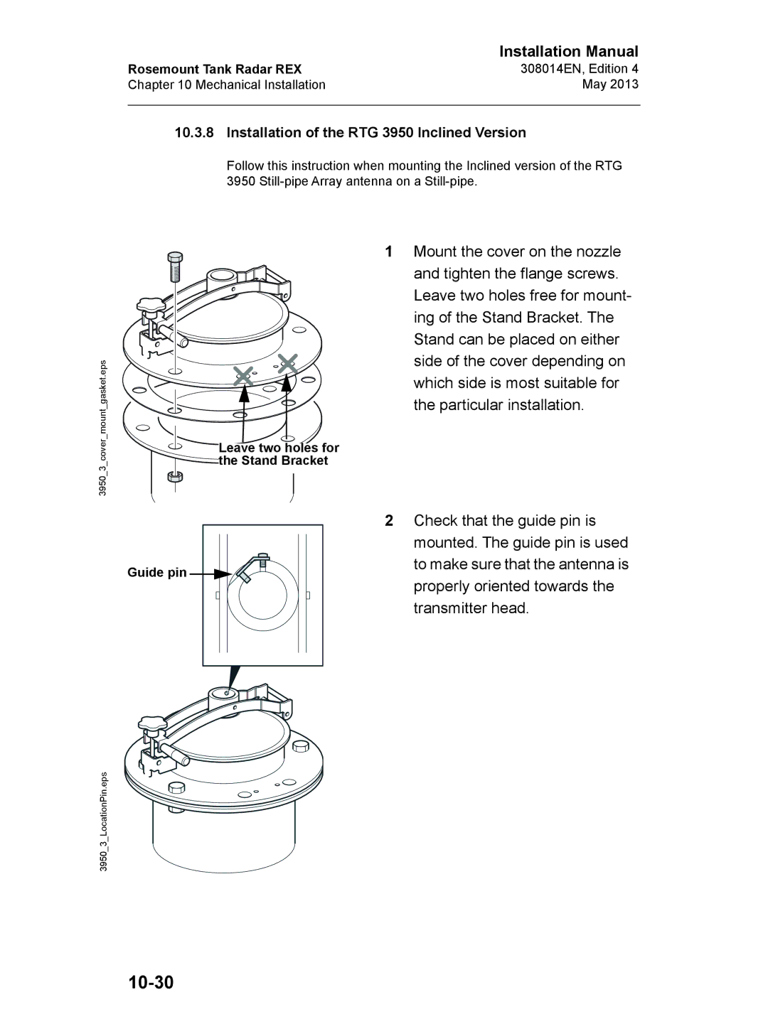 Emerson 308014EN, Edition 4 installation manual 10-30, Installation of the RTG 3950 Inclined Version 