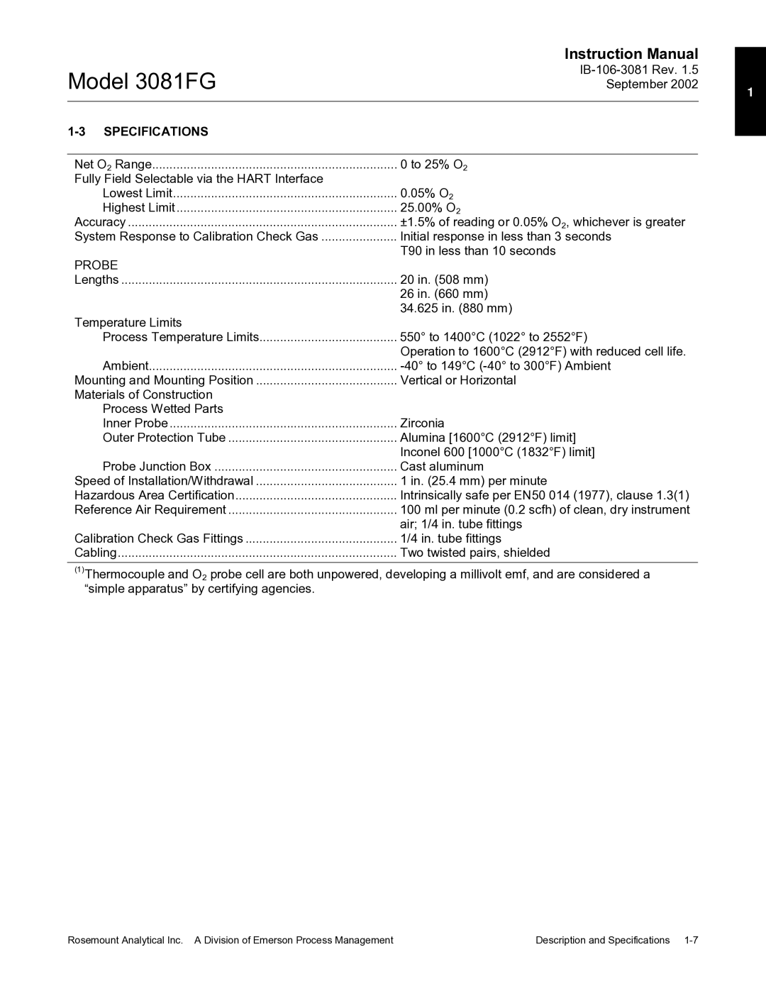 Emerson 3081FG instruction manual Specifications, Probe 