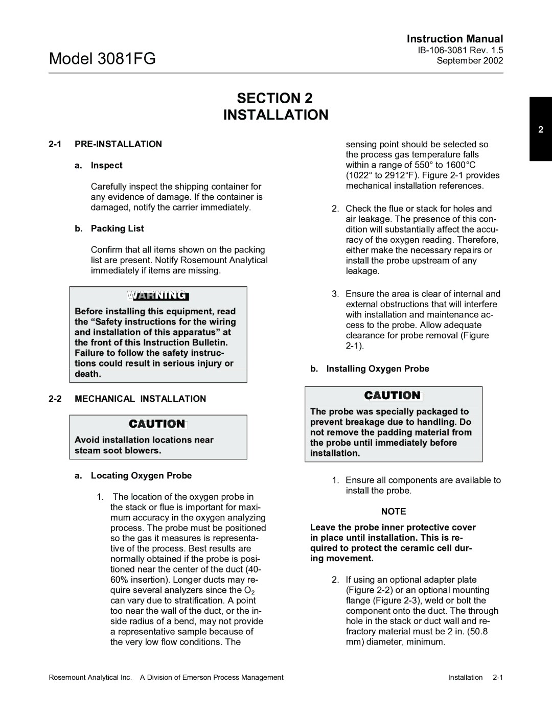 Emerson 3081FG instruction manual Section Installation, Pre-Installation, Inspect, Packing List, Mechanical Installation 