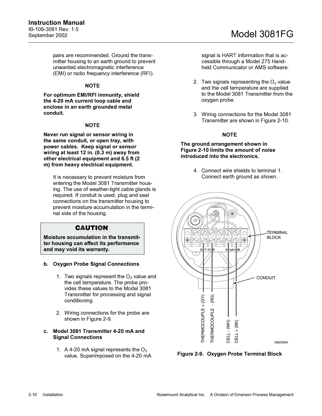 Emerson 3081FG Model 3081 Transmitter 4-20 mA and Signal Connections, Terminal Block Conduit, Thermocouple CELL-WH CELL+BK 