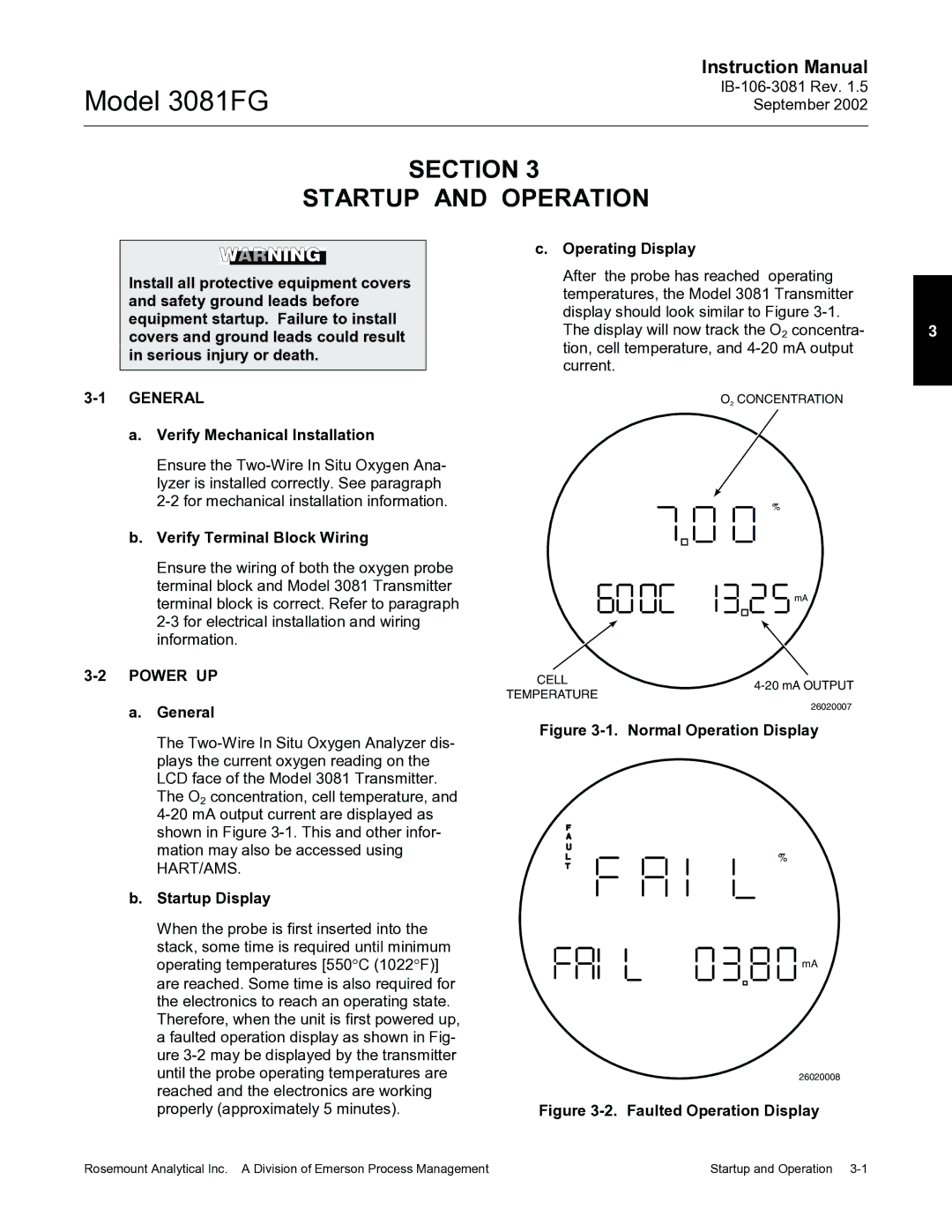 Emerson 3081FG instruction manual Section Startup and Operation, General, Power UP 