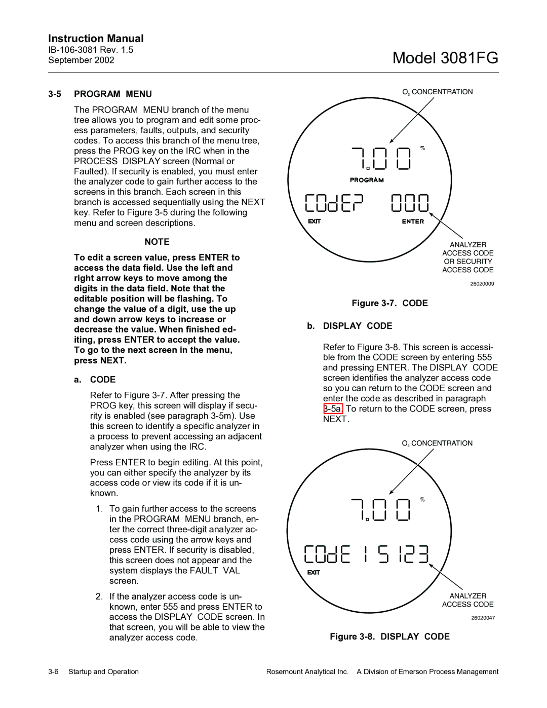 Emerson 3081FG instruction manual Program Menu, O2 Concentration Analyzer Access Code Or Security 