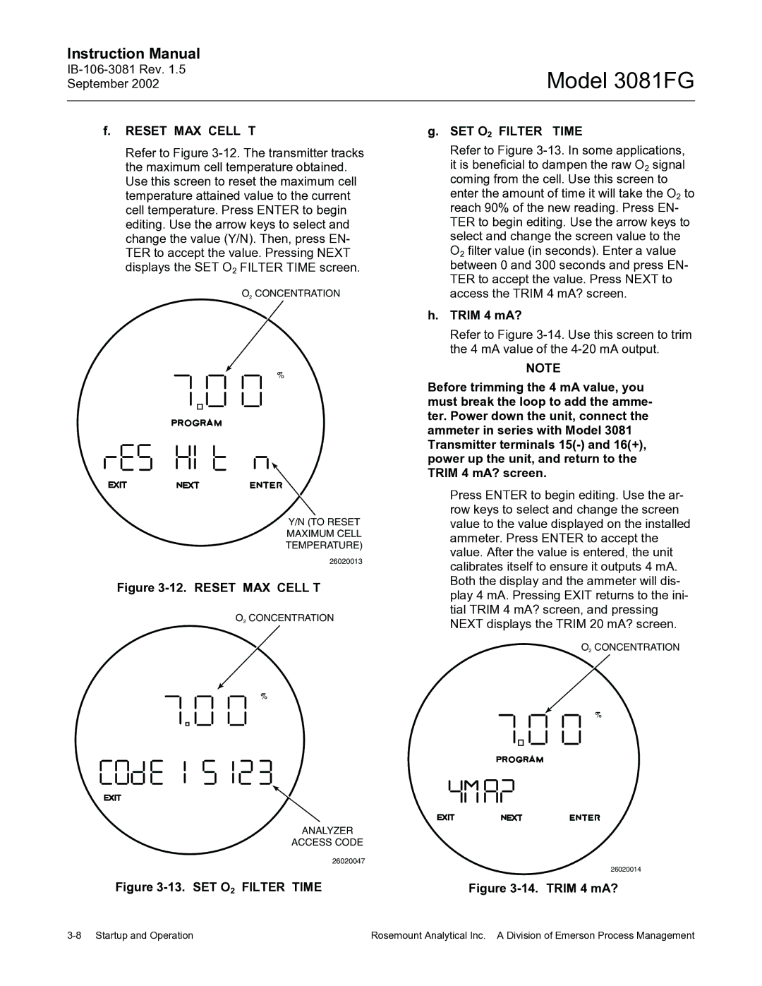 Emerson 3081FG instruction manual Reset MAX Cell T, SET O2 Filter Time, Trim 4 mA?, To Reset Maximum Cell Temperature 