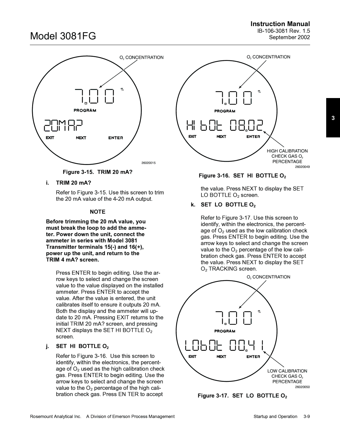 Emerson 3081FG instruction manual SET HI Bottle O2, SET LO Bottle O2, Concentration 