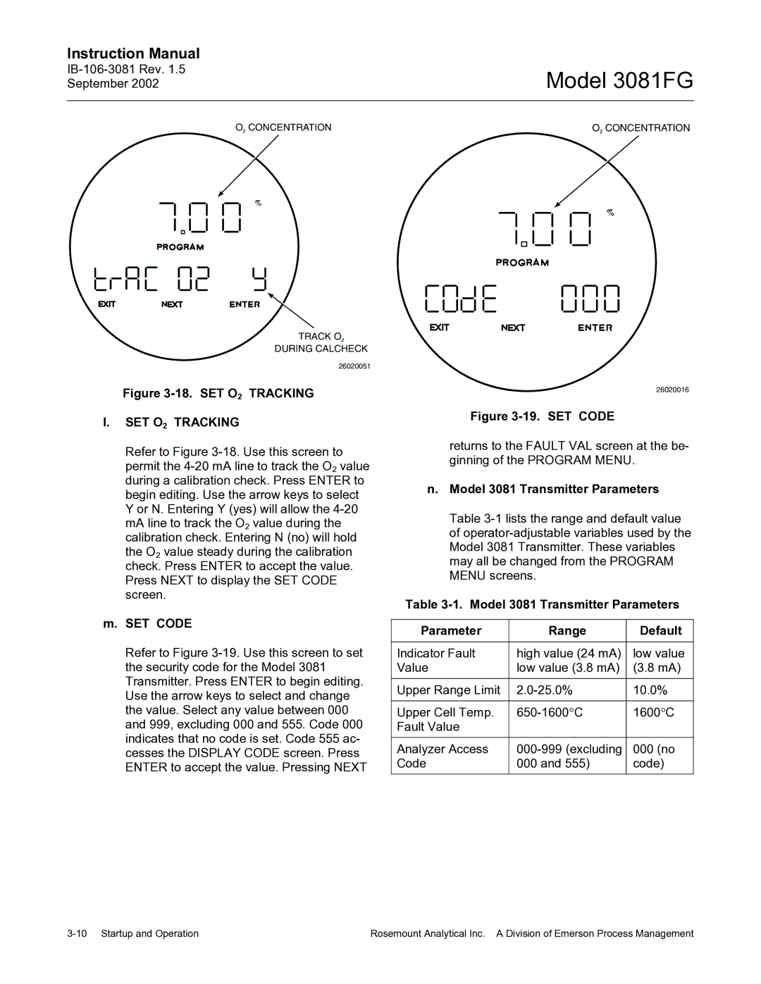 Emerson 3081FG instruction manual Model 3081 Transmitter Parameters SET Code, Parameter Range Default 