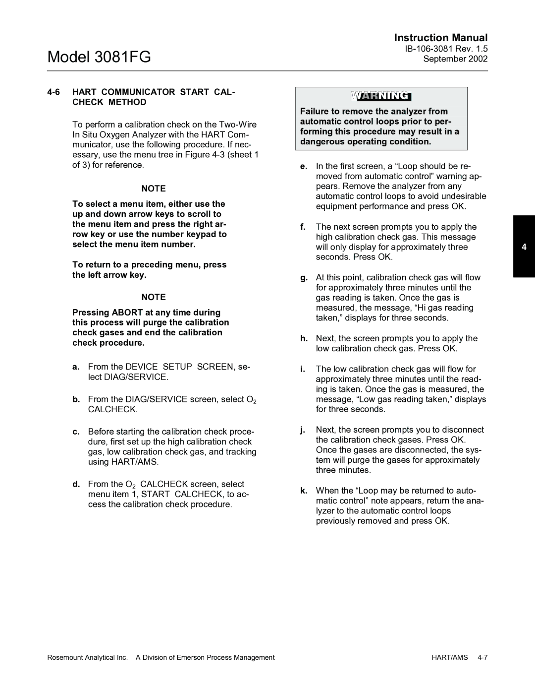 Emerson 3081FG instruction manual Hart Communicator Start CAL- Check Method 