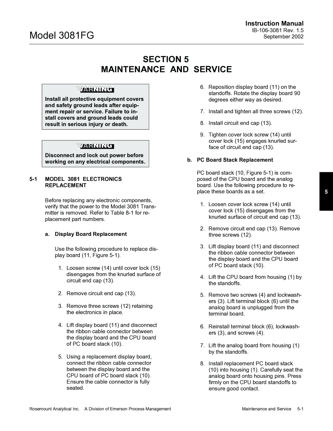 Emerson 3081FG Section Maintenance and Service, Model 3081 Electronics Replacement, Display Board Replacement 