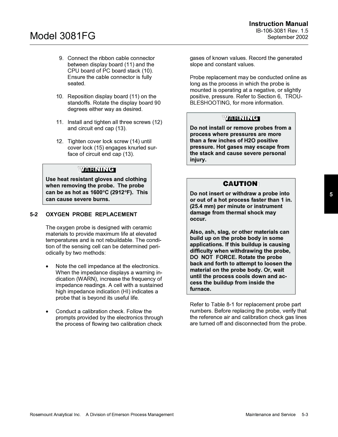 Emerson 3081FG instruction manual Oxygen Probe Replacement 