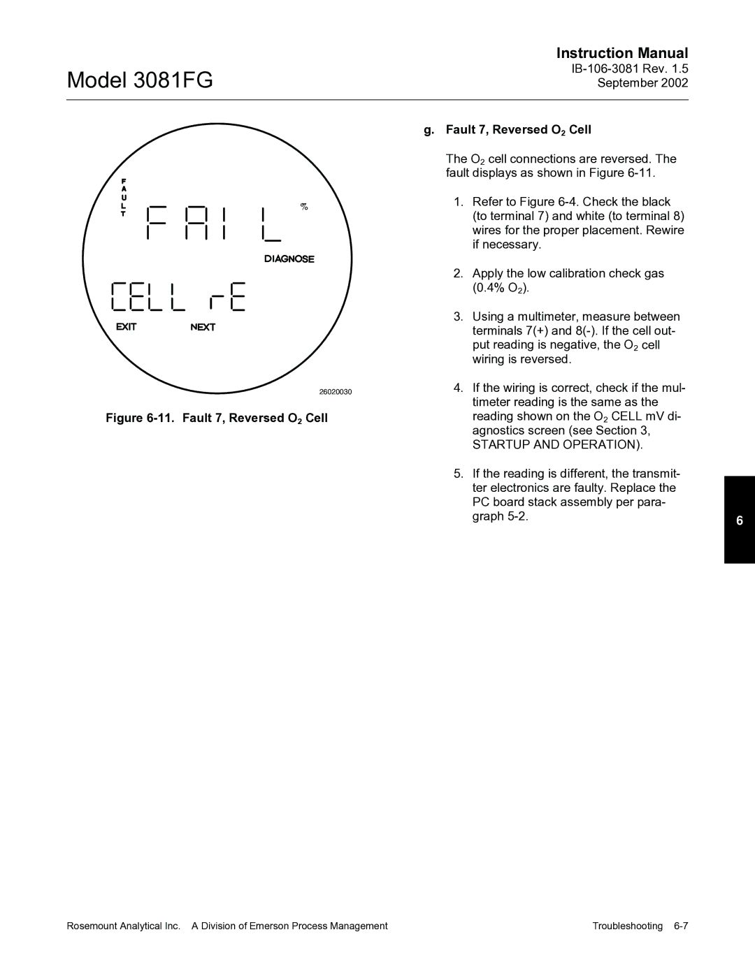 Emerson 3081FG instruction manual Fault 7, Reversed O2 Cell 