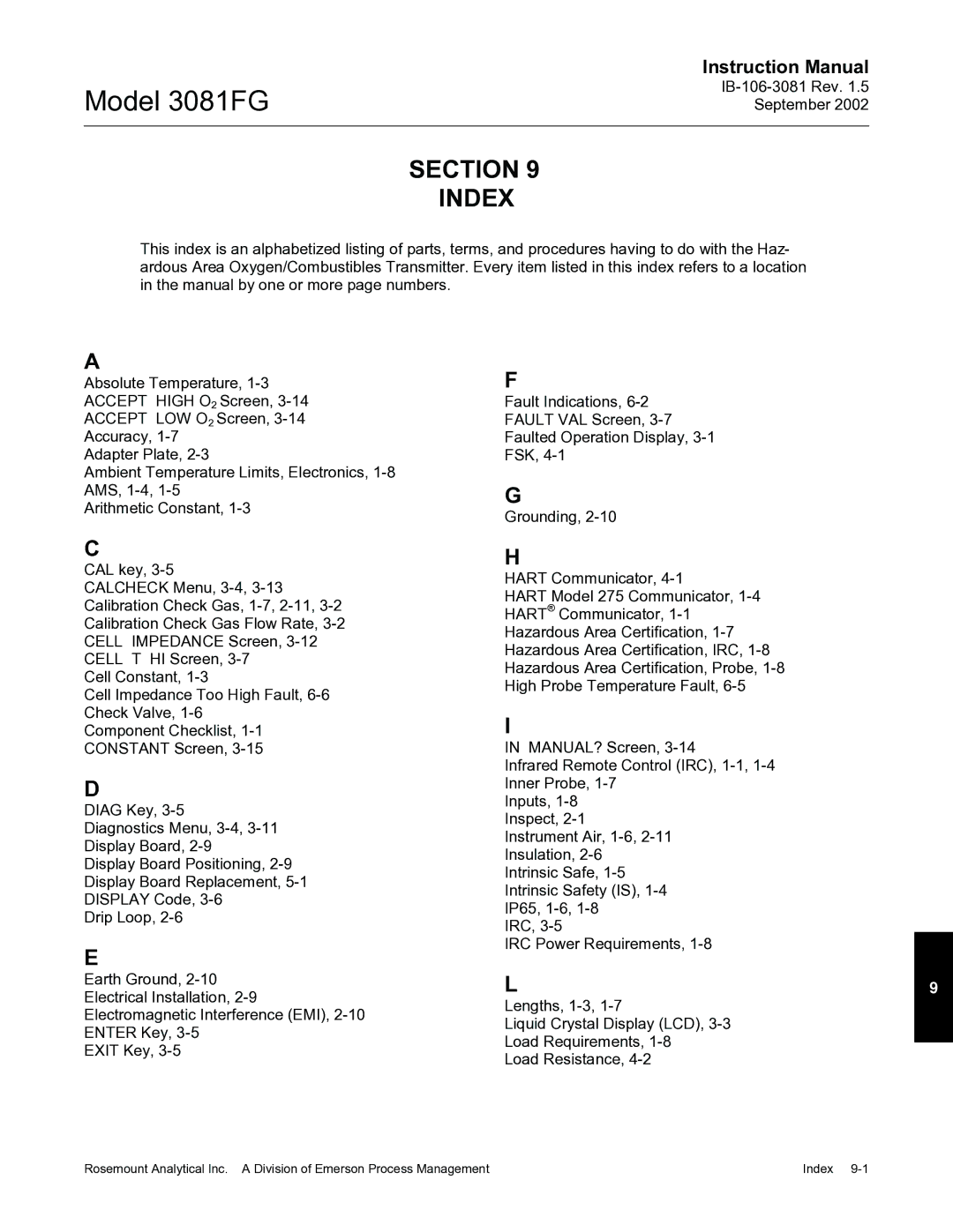 Emerson 3081FG instruction manual Section Index 