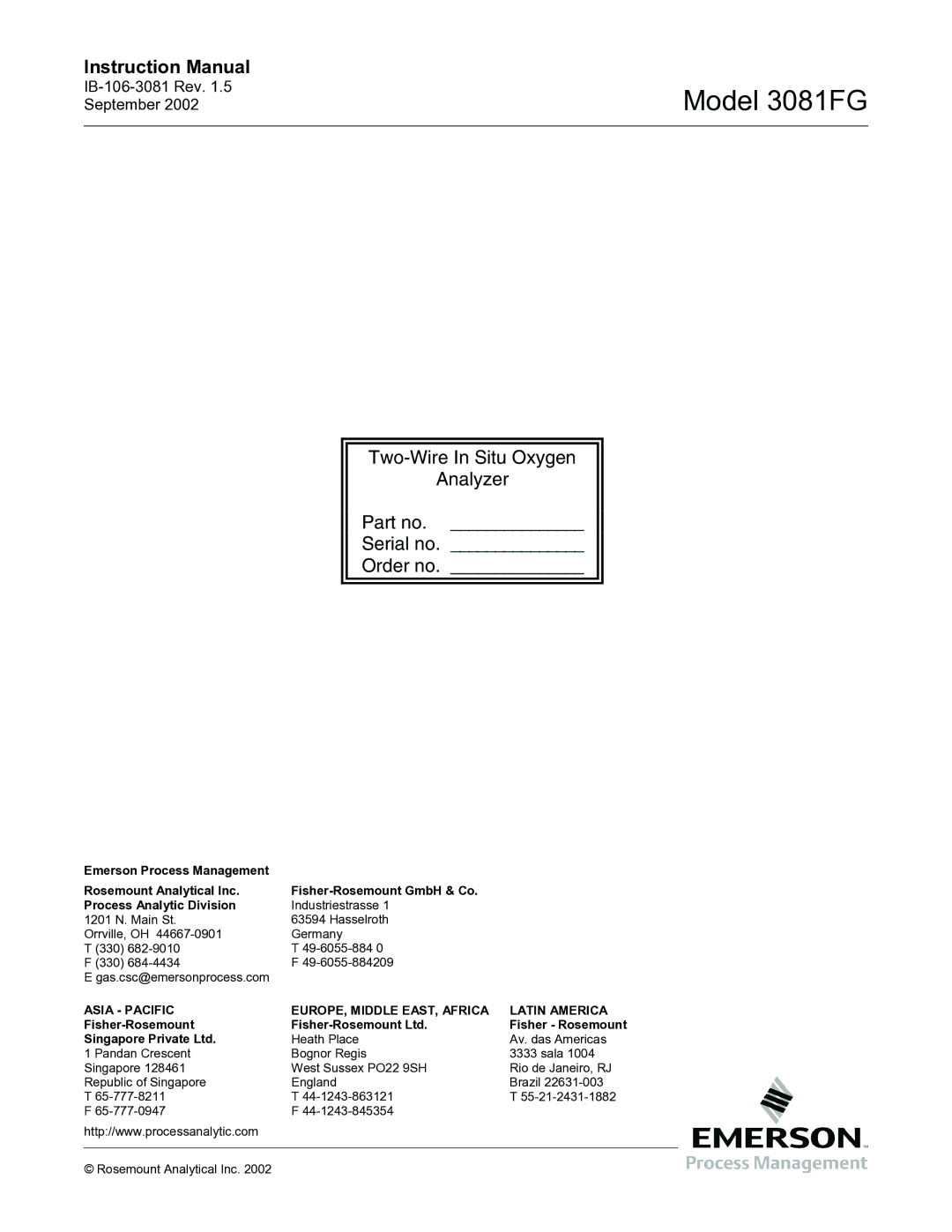 Emerson 3081FG instruction manual Two-Wire In Situ Oxygen Analyzer Serial no Order no 