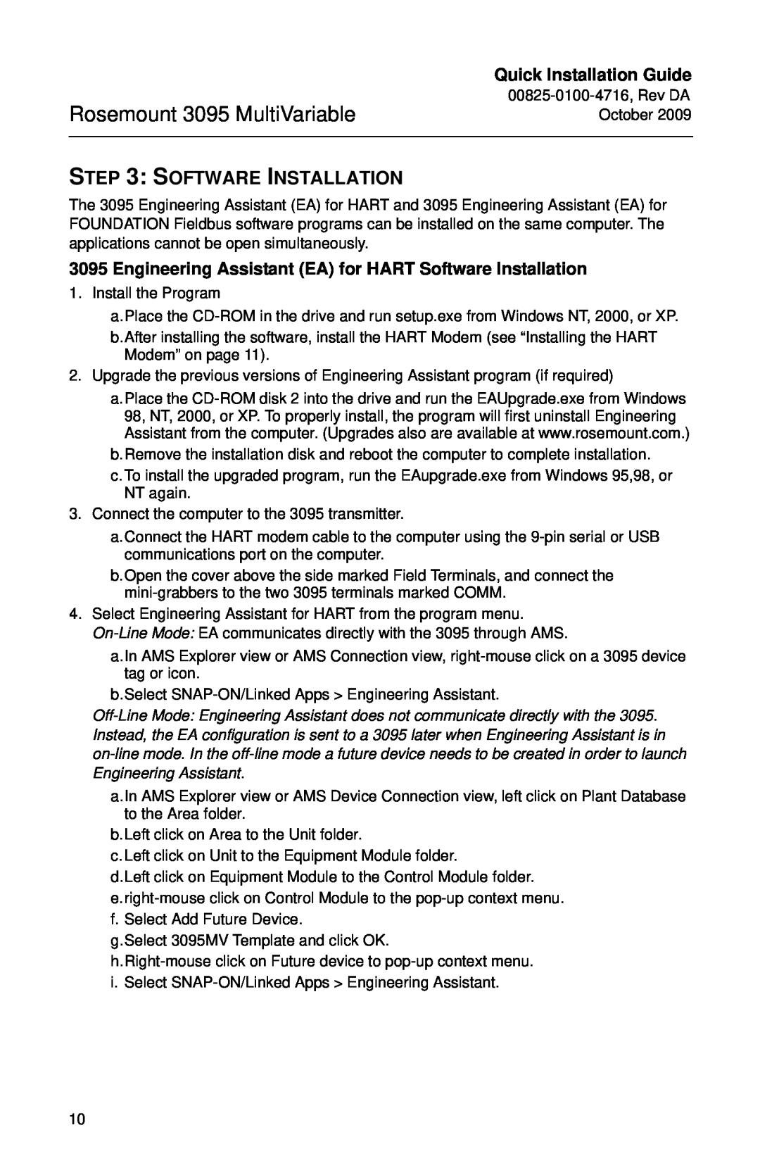 Emerson 00825-0100-4716 manual Engineering Assistant EA for HART Software Installation, Rosemount 3095 MultiVariable 