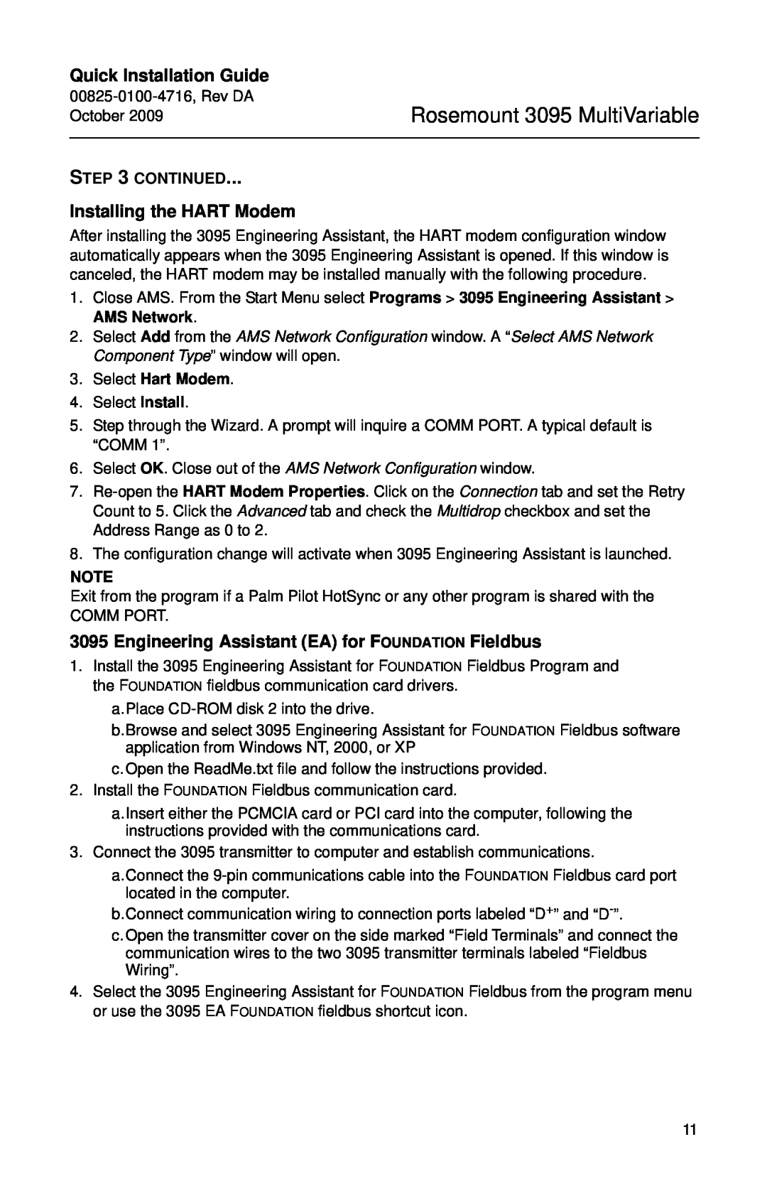 Emerson 00825-0100-4716, 3095 manual Installing the HART Modem, Engineering Assistant EA for FOUNDATION Fieldbus, Continued 