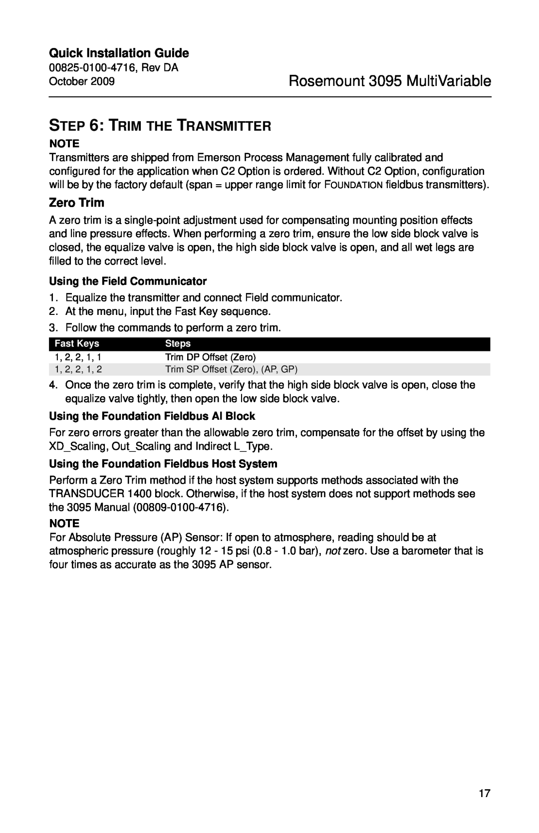 Emerson 00825-0100-4716 manual Trim The Transmitter, Zero Trim, Using the Field Communicator, Rosemount 3095 MultiVariable 