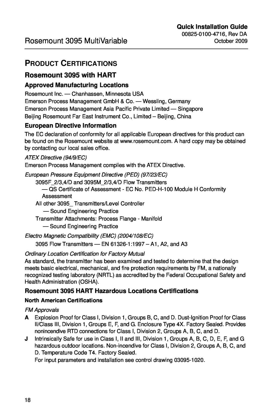 Emerson manual PRODUCT CERTIFICATIONS Rosemount 3095 with HART, Approved Manufacturing Locations, ATEX Directive 94/9/EC 