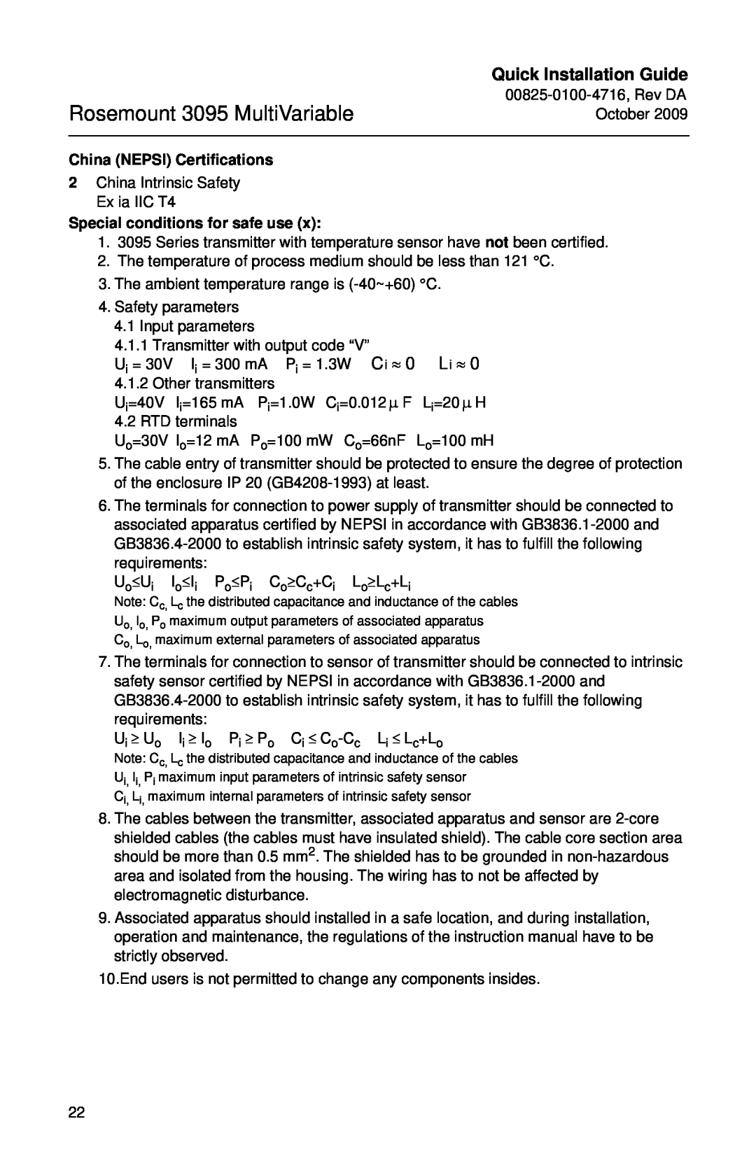 Emerson manual China NEPSI Certifications, Special conditions for safe use, Rosemount 3095 MultiVariable, L i ≈ 