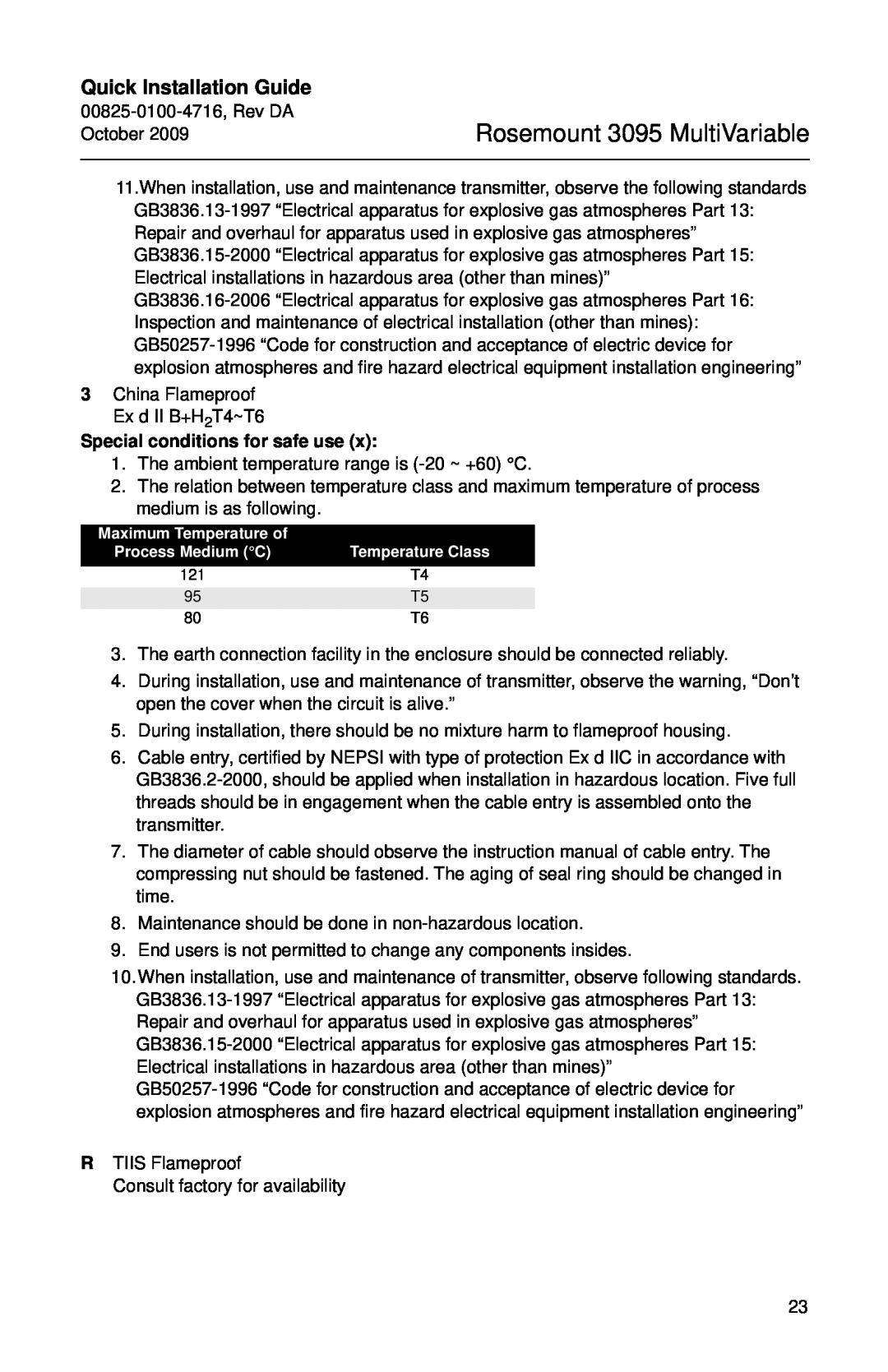 Emerson 00825-0100-4716 manual Rosemount 3095 MultiVariable, Quick Installation Guide, Special conditions for safe use 