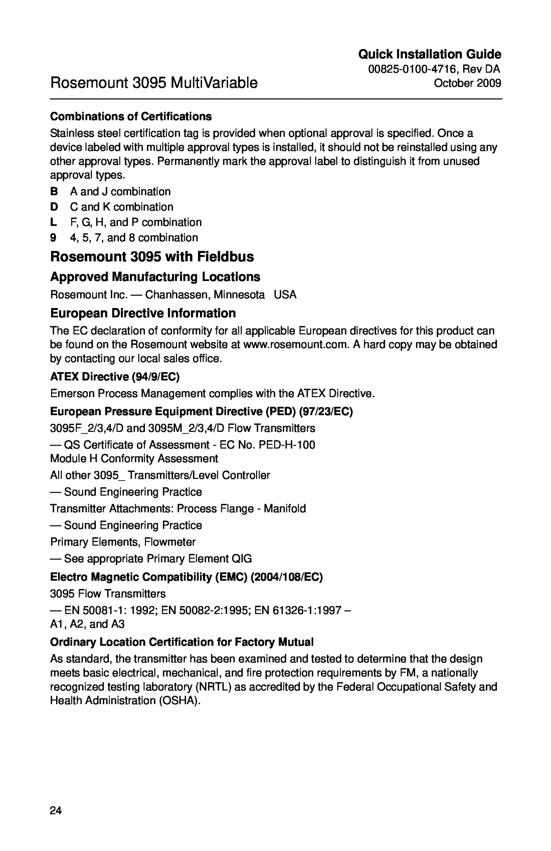 Emerson Rosemount 3095 with Fieldbus, Combinations of Certifications, ATEX Directive 94/9/EC, Quick Installation Guide 