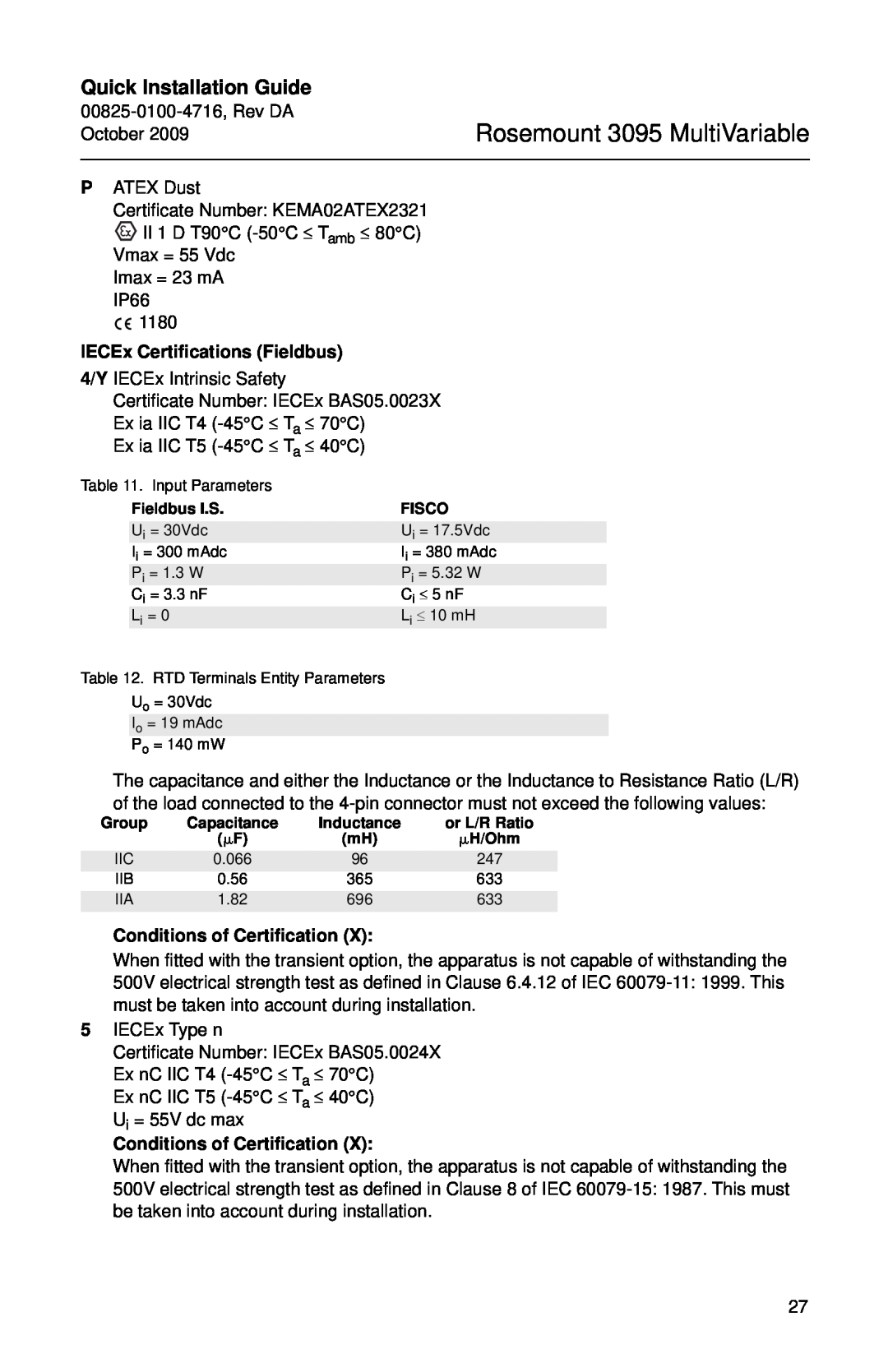 Emerson 00825-0100-4716 manual IECEx Certifications Fieldbus, Rosemount 3095 MultiVariable, Quick Installation Guide 
