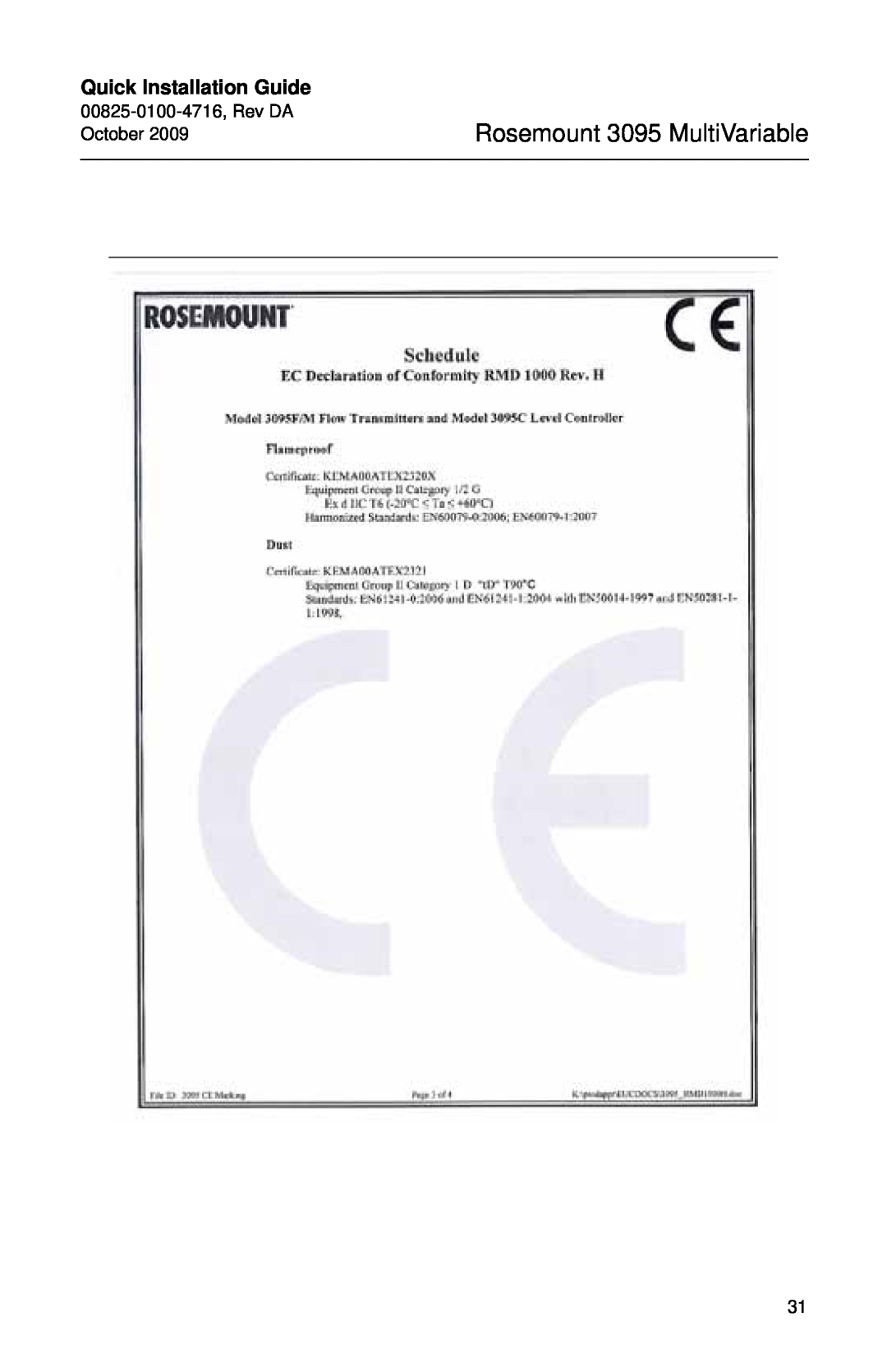 Emerson 00825-0100-4716 manual Rosemount 3095 MultiVariable, Quick Installation Guide 