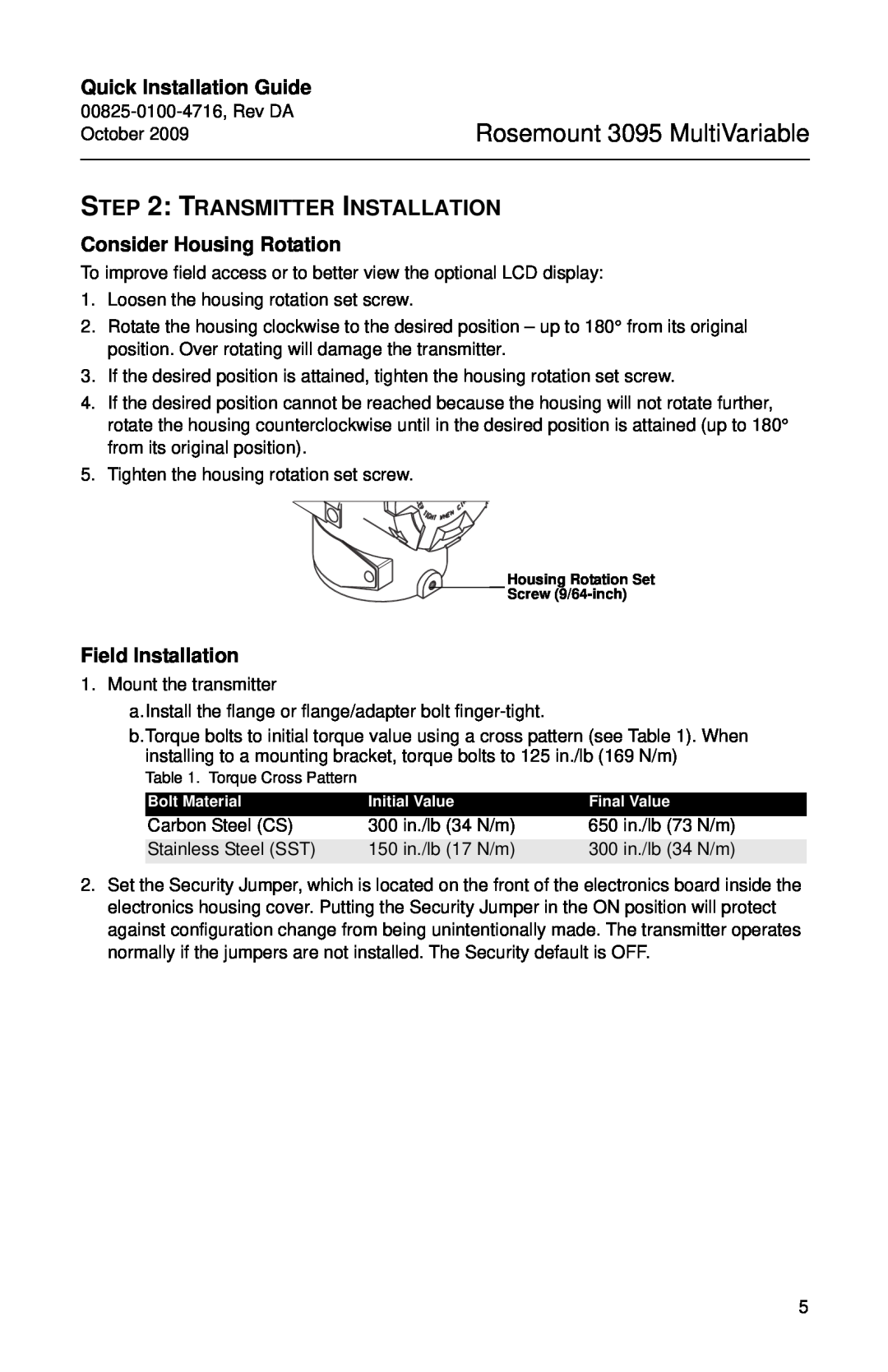 Emerson 00825-0100-4716 Transmitter Installation, Consider Housing Rotation, Field Installation, Quick Installation Guide 