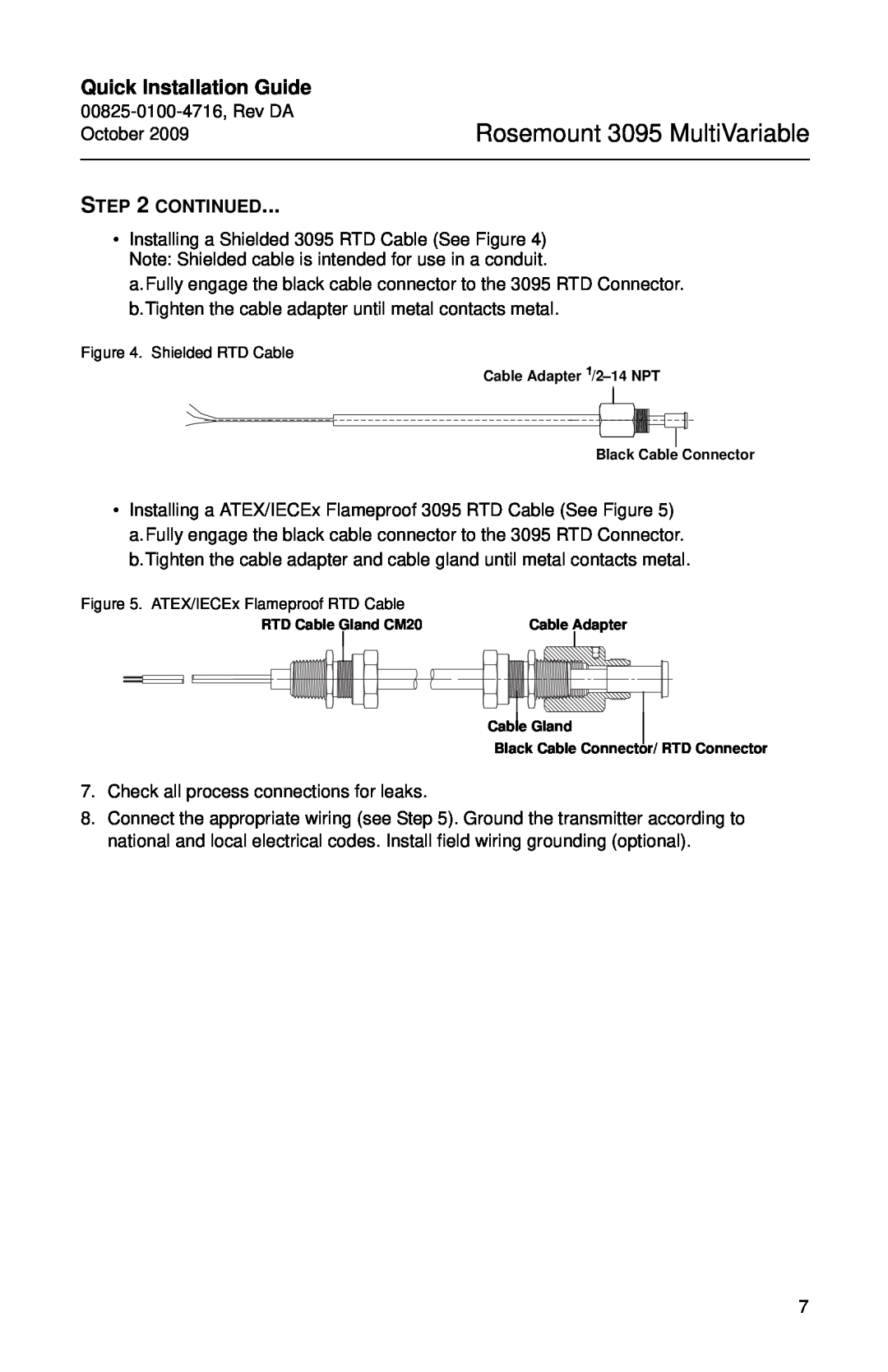 Emerson 00825-0100-4716 manual Rosemount 3095 MultiVariable, Quick Installation Guide, Continued, Shielded RTD Cable 