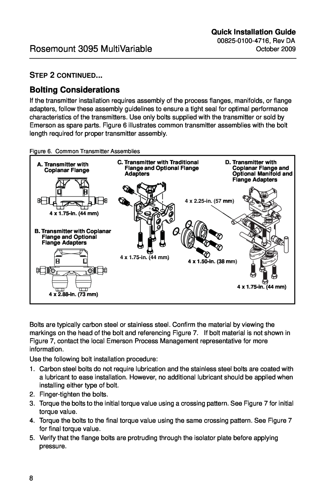 Emerson 00825-0100-4716 manual Bolting Considerations, Rosemount 3095 MultiVariable, Quick Installation Guide, Continued 