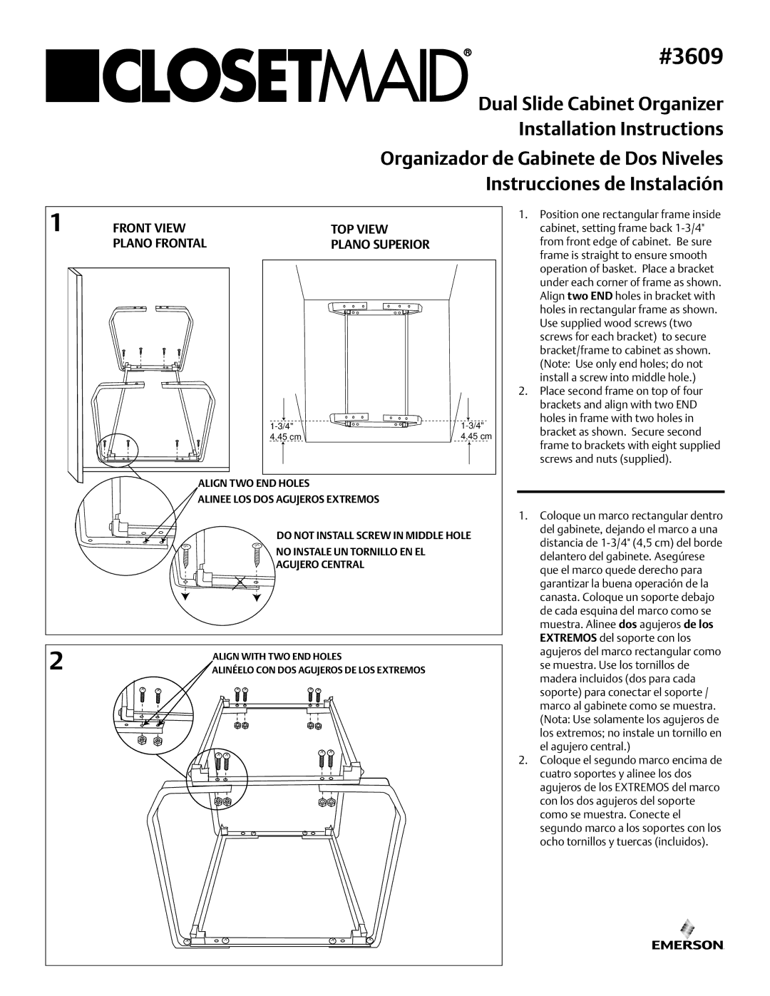 Emerson installation instructions #3609, Front View TOP View Plano Frontal Plano Superior 