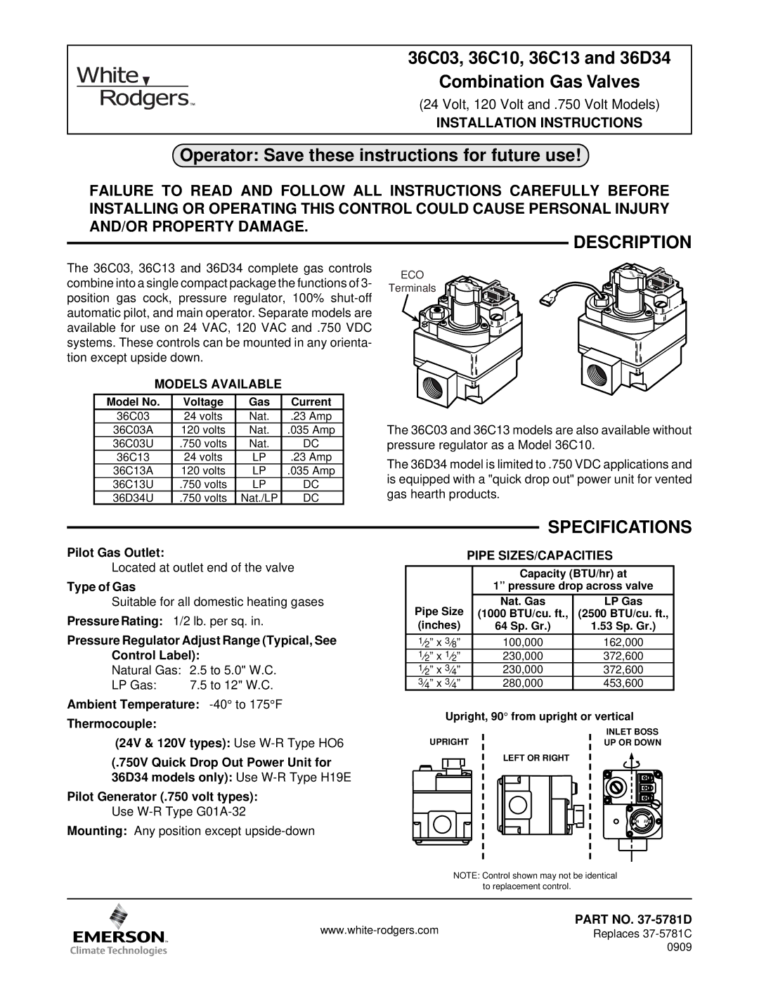 Emerson installation instructions 36C03, 36C10, 36C13 and 36D34 Combination Gas Valves, Description, Specifications 