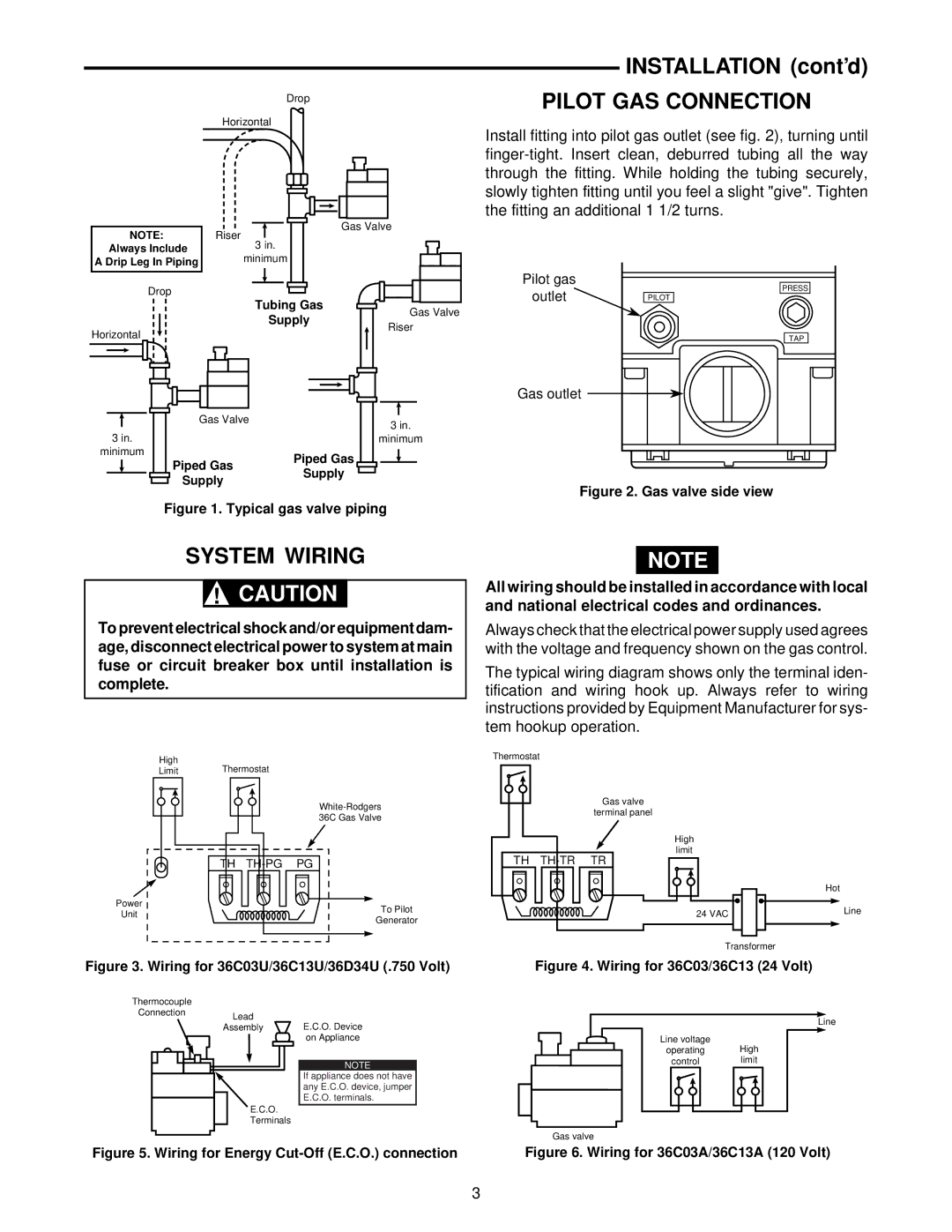 Emerson 36C10, 36C03, 36D34, 36C13 installation instructions System Wiring, Installation cont’d, Pilot GAS Connection 