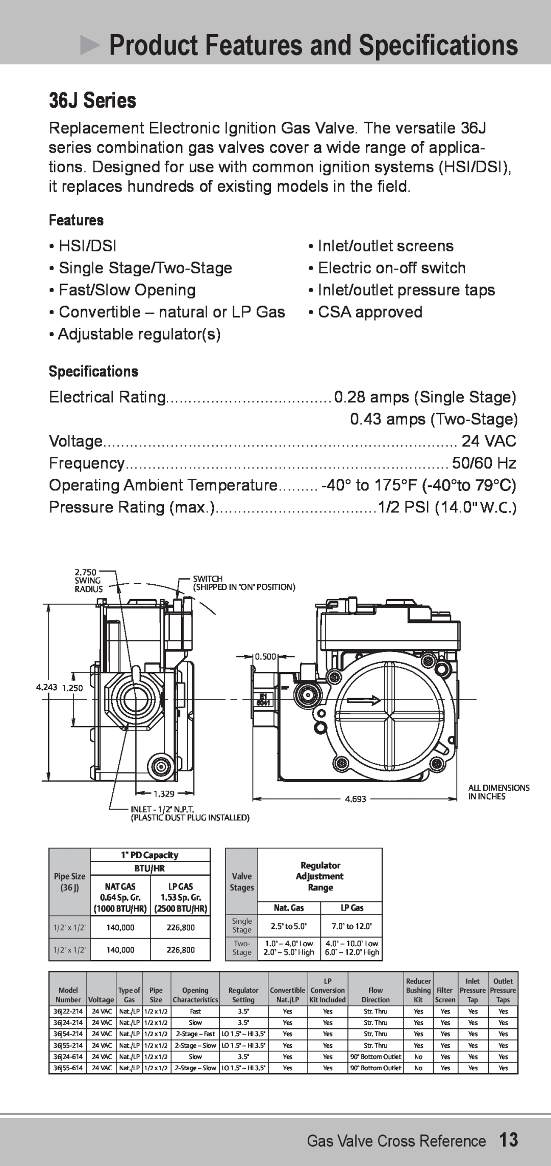 Emerson 36H manual 36J Series, Product Features and Specifications 