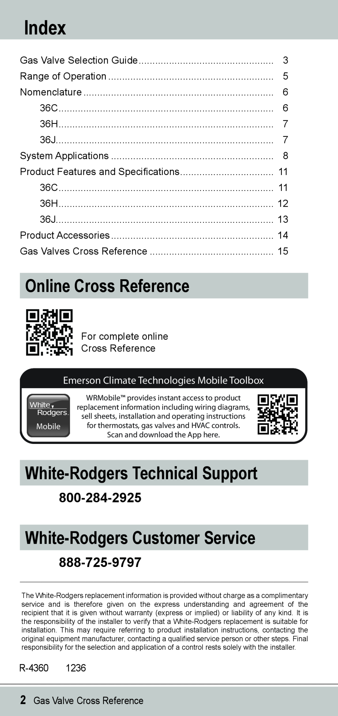 Emerson 36H Online Cross Reference, White-RodgersTechnical Support, White-RodgersCustomer Service, 800-284-2925, Index 