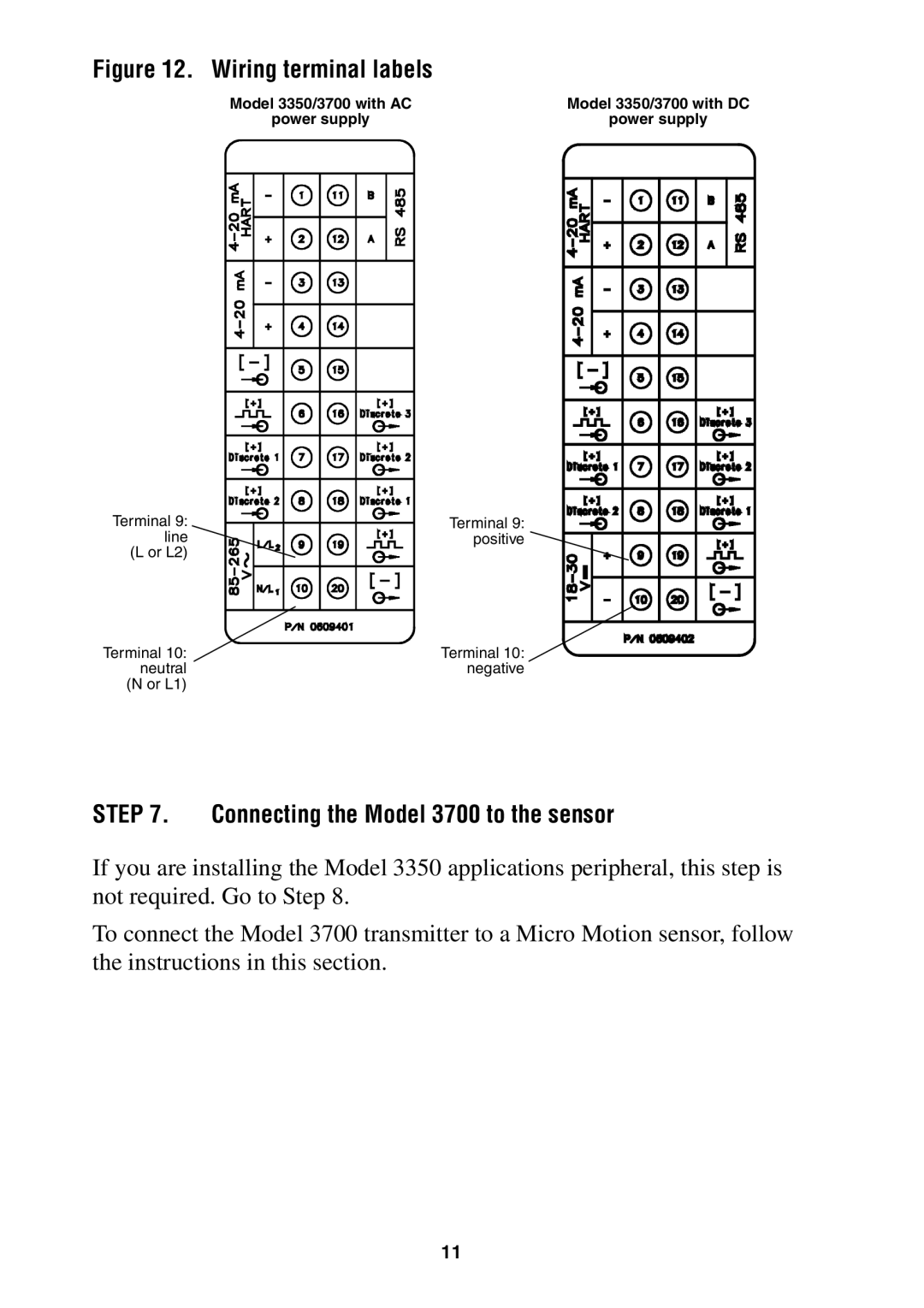 Emerson 3350 installation instructions Wiring terminal labels, Connecting the Model 3700 to the sensor 